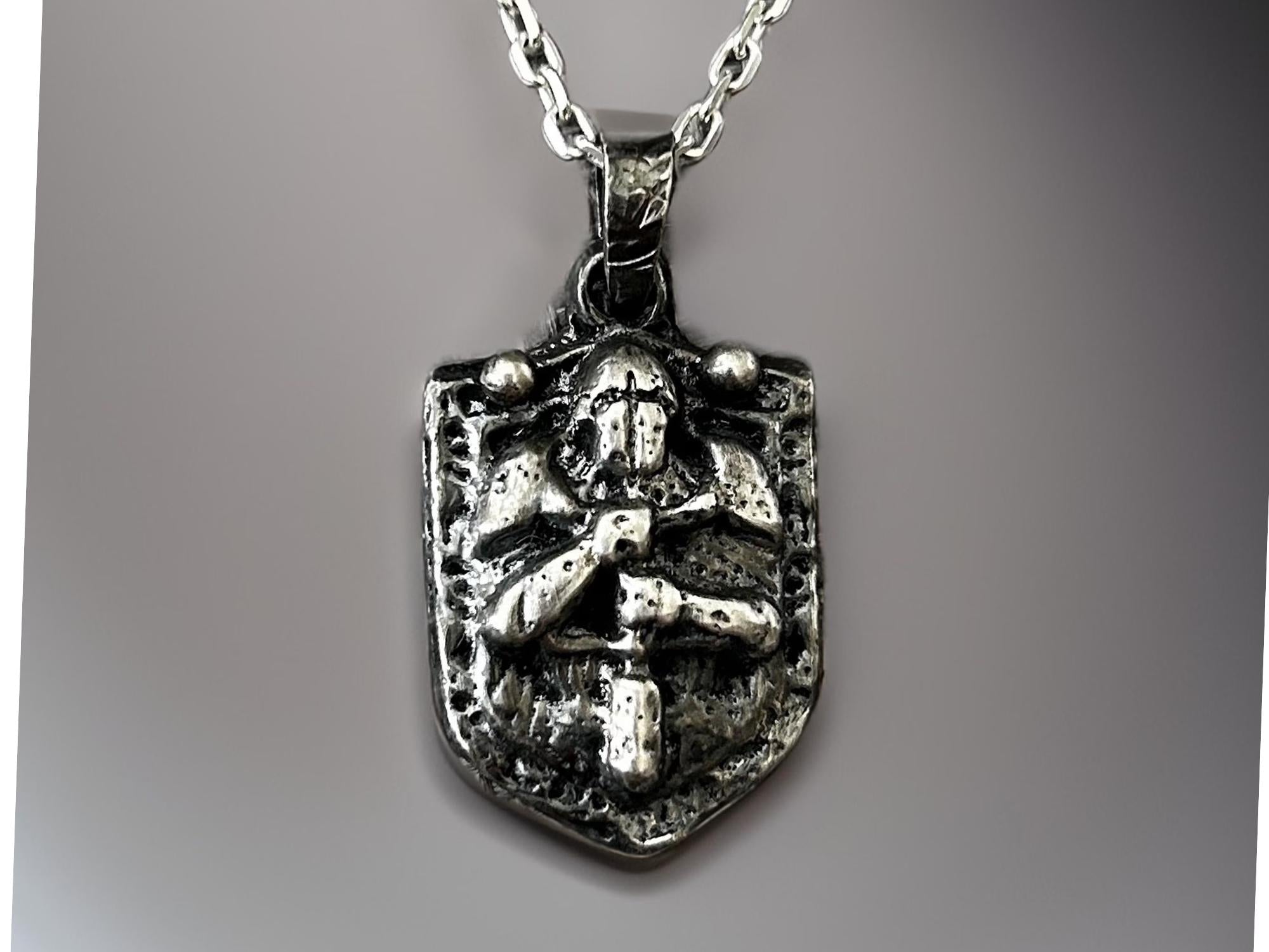 Sterling Silver Knight Pendant, Oxidized Templar Warrior Necklace, Medieval Jewelry