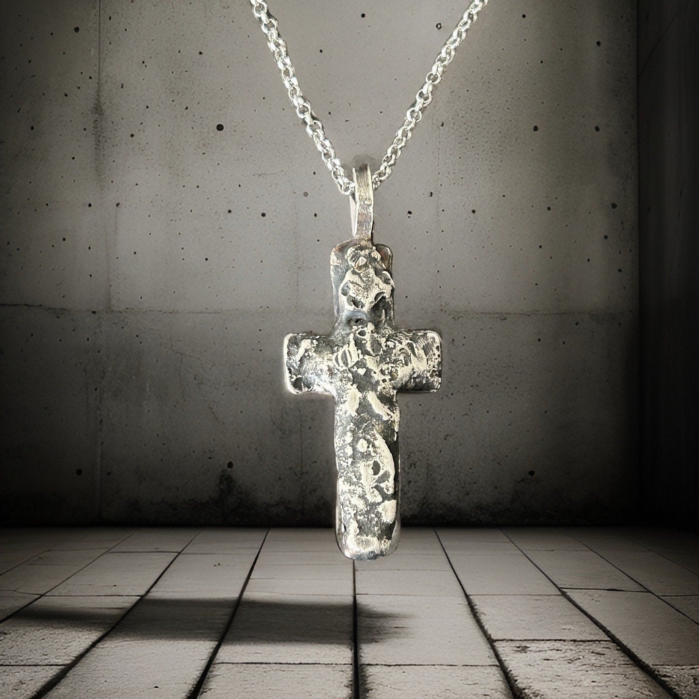 Fine Silver Cross Pendant | Rustic Oxidized Artisan Necklace, 5mm Thick