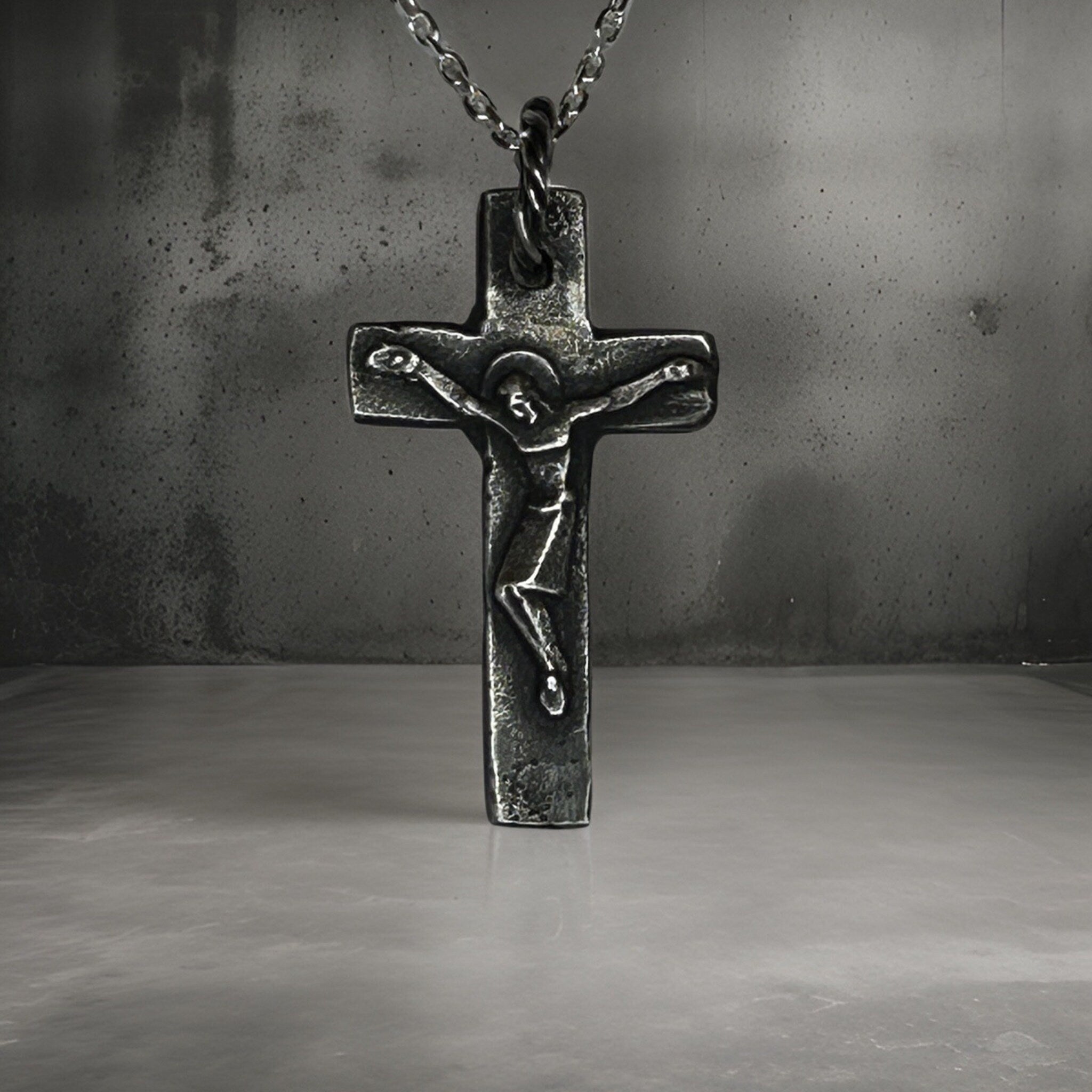 Sterling Silver Crucifix Necklace – Rustic Oxidized Cross Pendant for Men