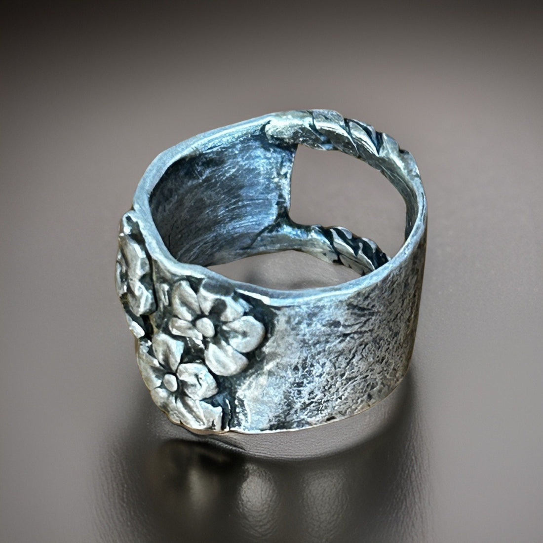 Handcrafted Floral Silver Ring - Oxidized Sterling Silver Unique Band Ring