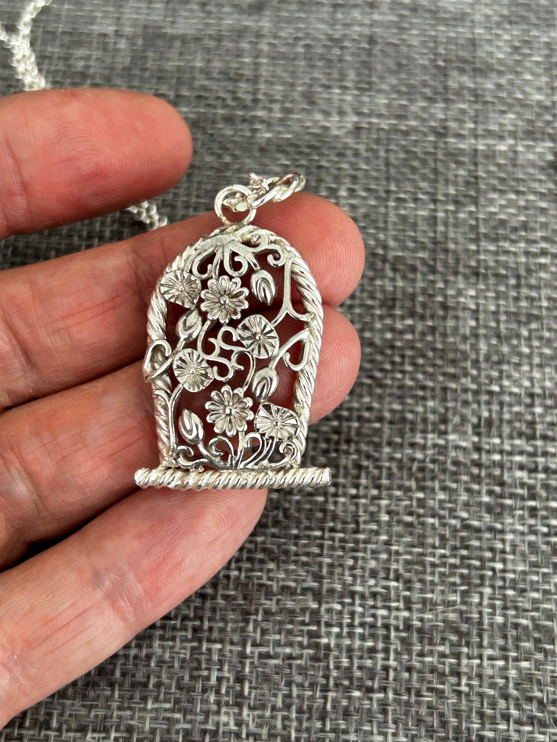 Sterling Silver Flower Basket Pendant Necklace • Floral Design • 20-inch Rolo Chain