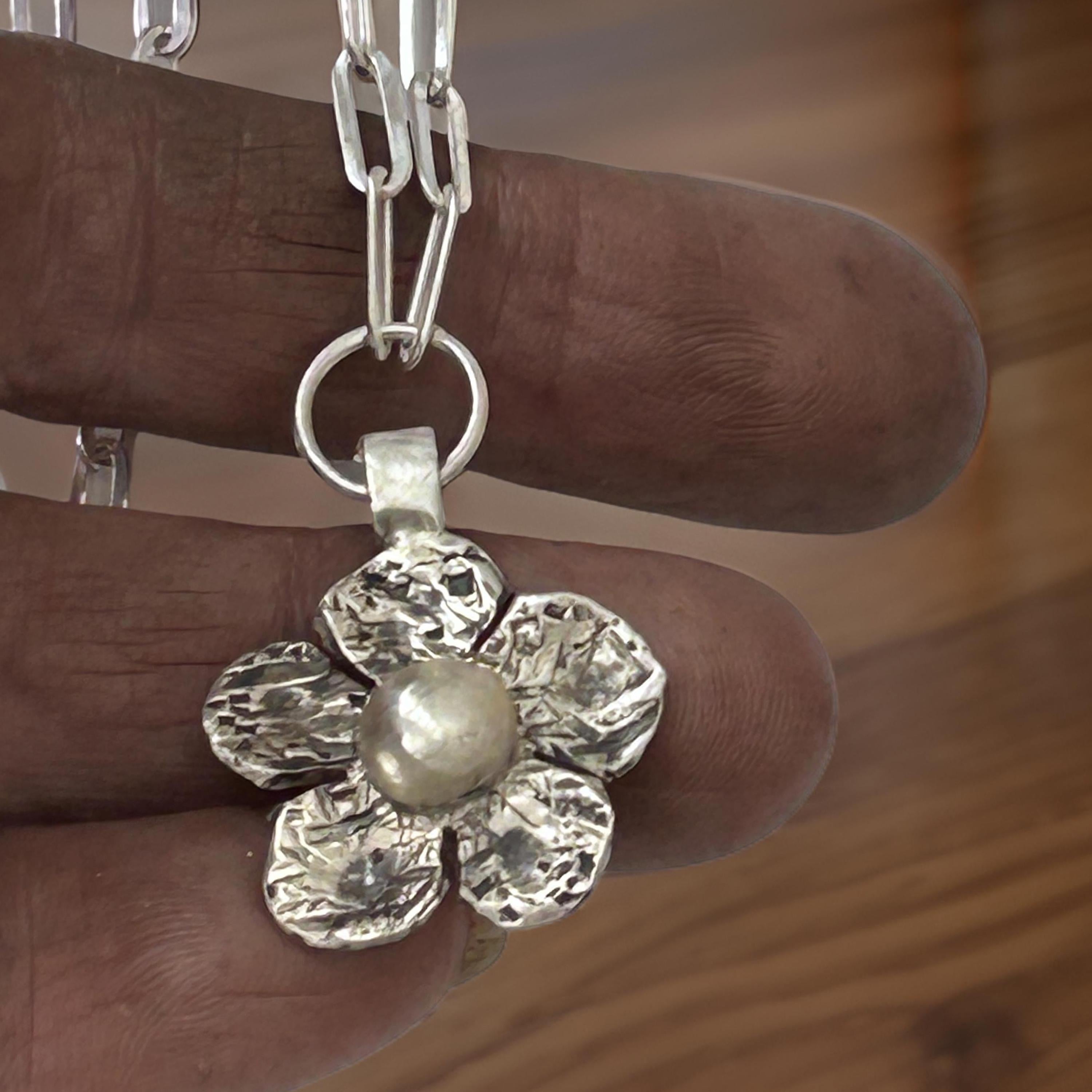 Sterling Silver Flower Pendant Necklace, Handmade Silver Artisan Jewelry