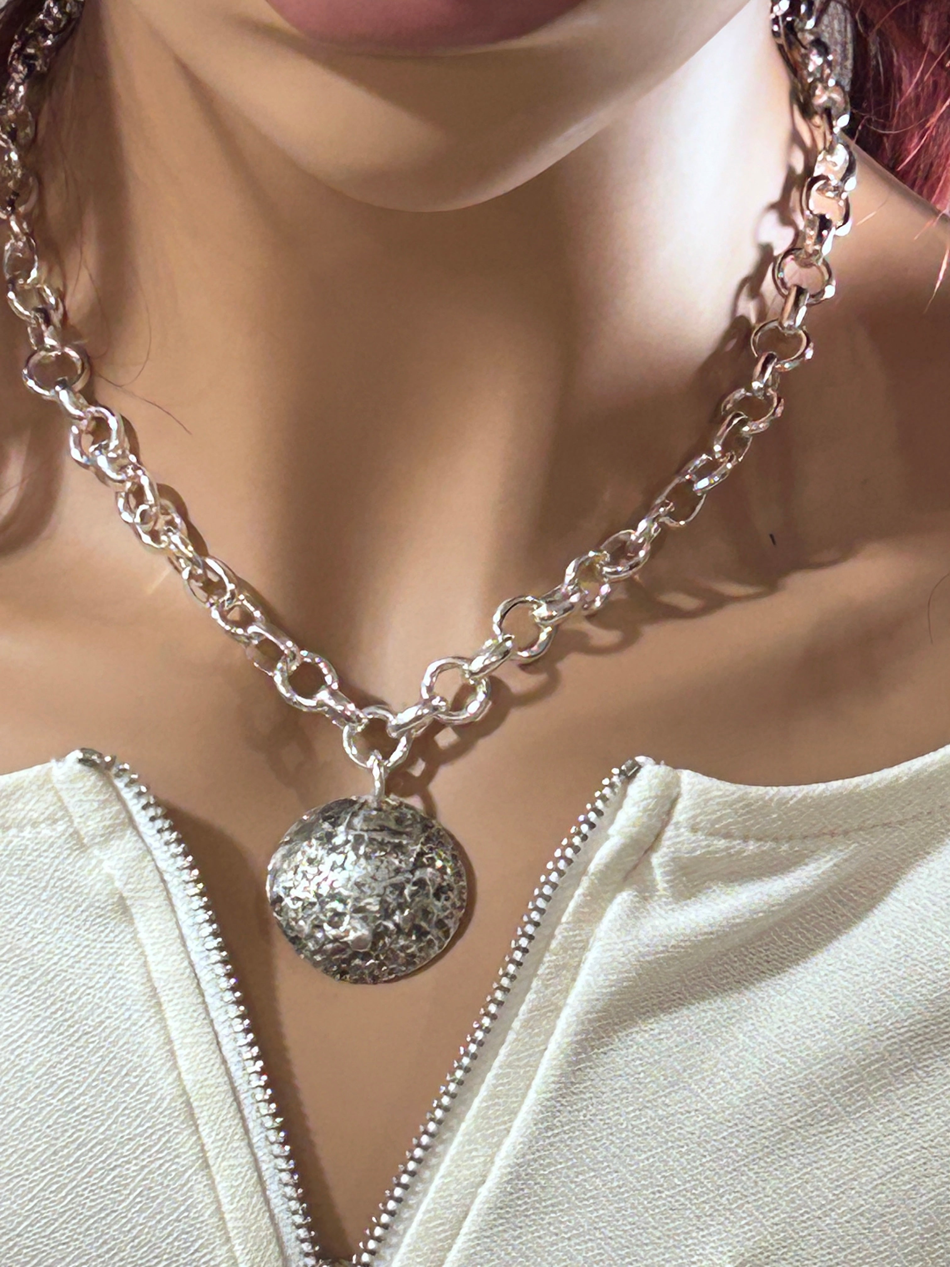 Handmade 925 Sterling Silver Necklace with Oxidized Textured Pendant - Lunar Crater Design