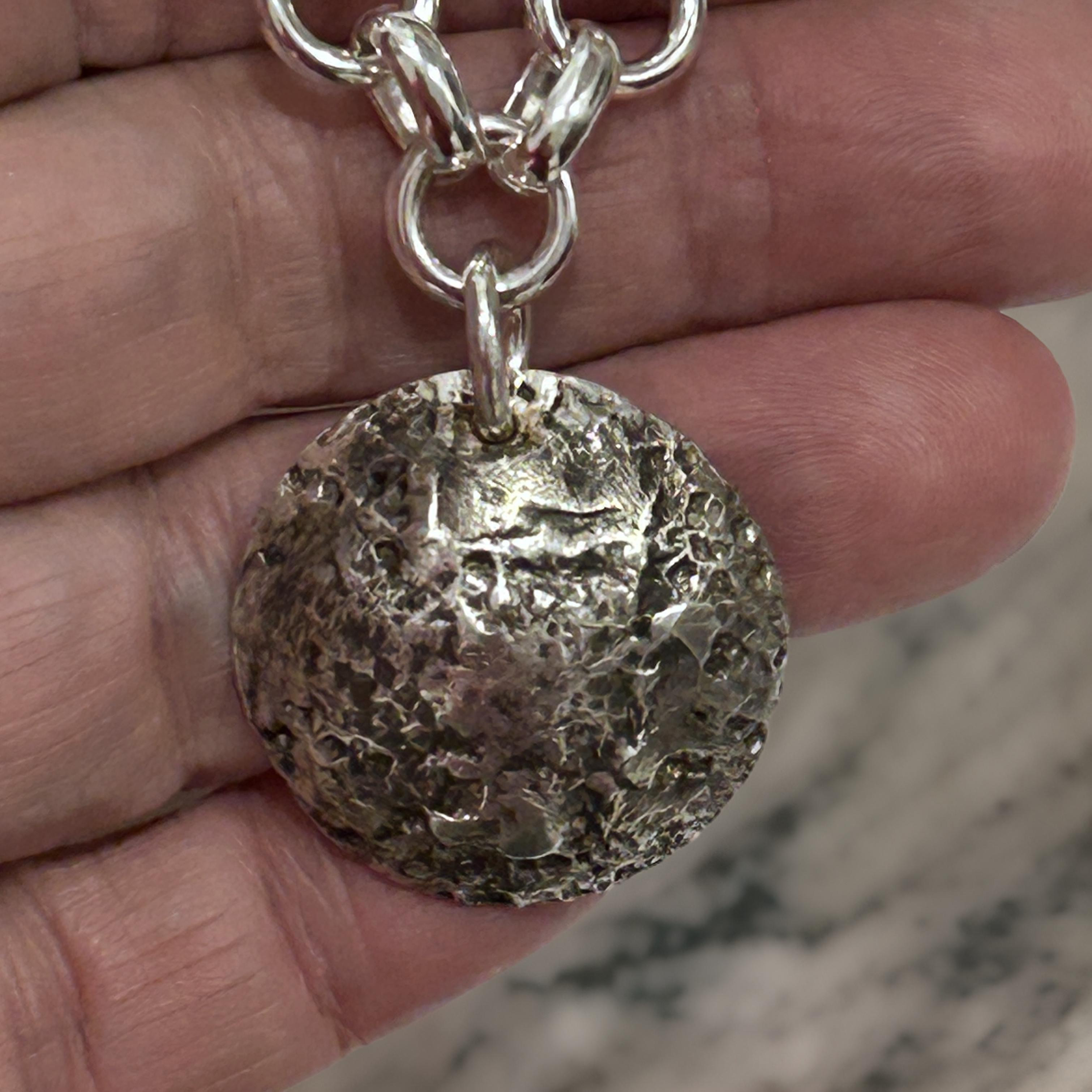 Handmade 925 Sterling Silver Necklace with Oxidized Textured Pendant - Lunar Crater Design