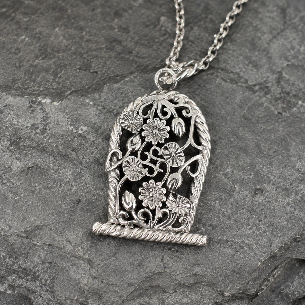 Sterling Silver Flower Basket Pendant Necklace • Floral Design • 20-inch Rolo Chain