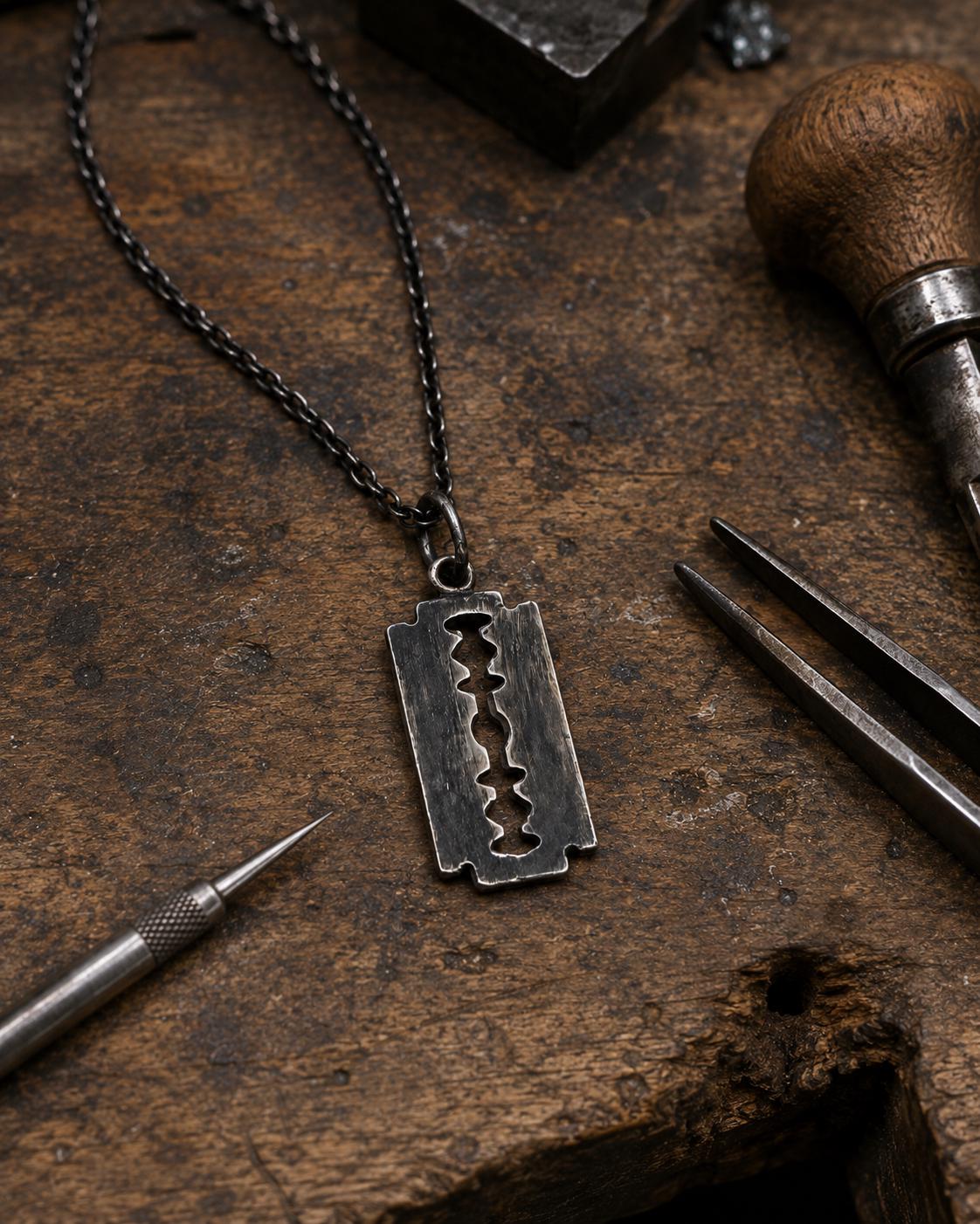 Handmade Sterling Silver Razor Blade Necklace, Oxidized Gothic Pendant, Edgy Unisex Jewelry