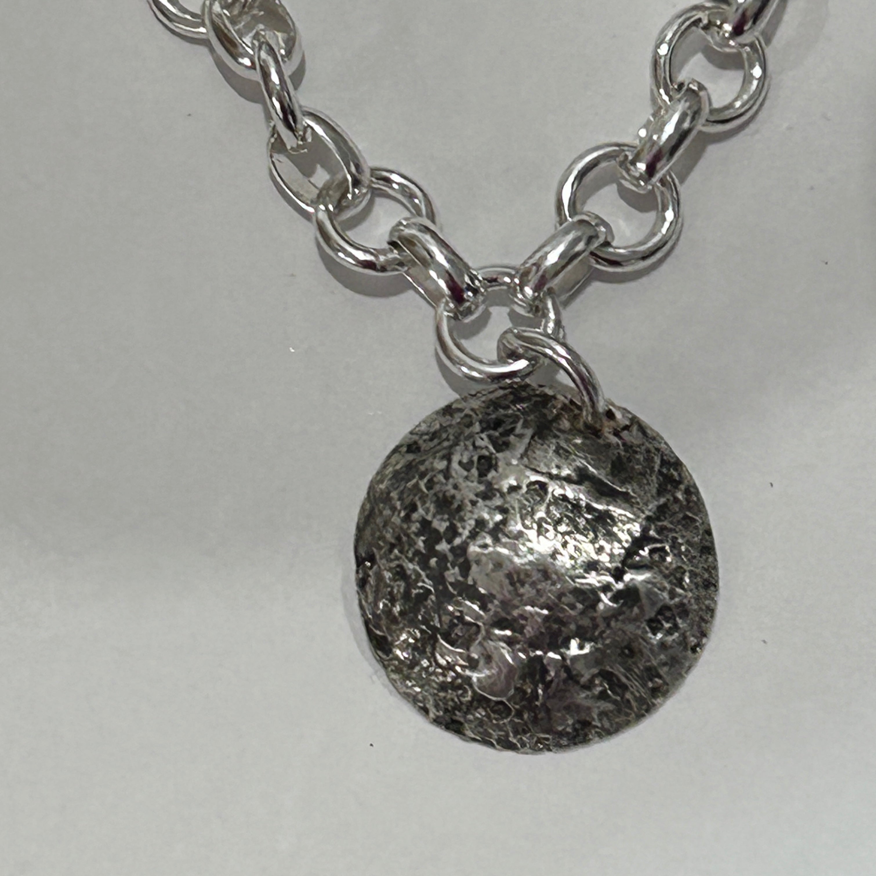 Handmade 925 Sterling Silver Necklace with Oxidized Textured Pendant - Lunar Crater Design