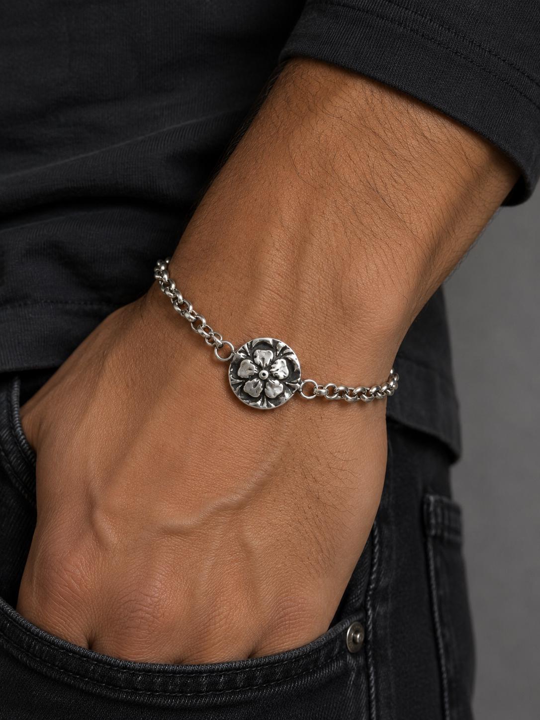Sterling Silver Flower Charm Bracelet | Oxidized 925 Rolo Chain Jewelry