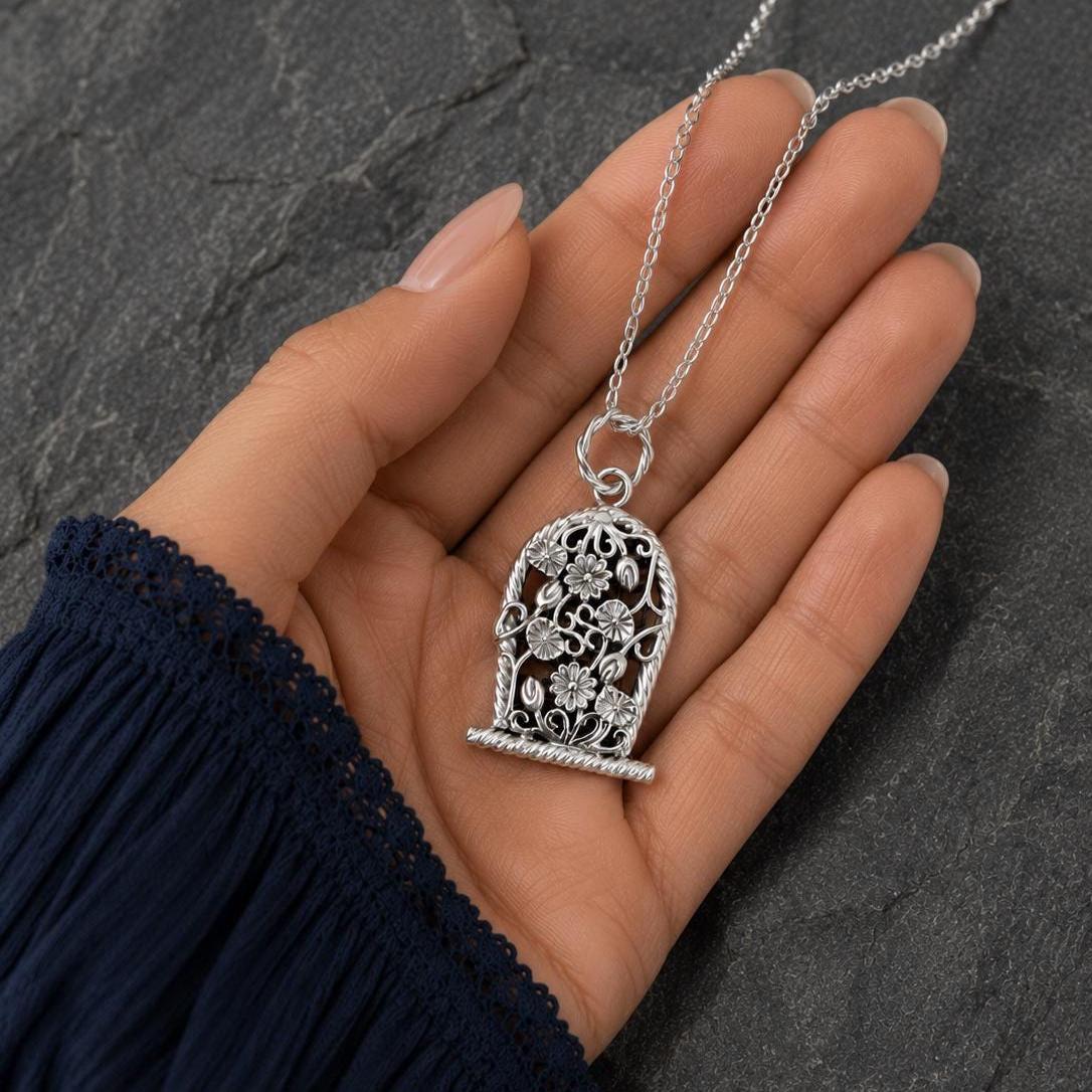 Sterling Silver Flower Basket Pendant Necklace • Floral Design • 20-inch Rolo Chain