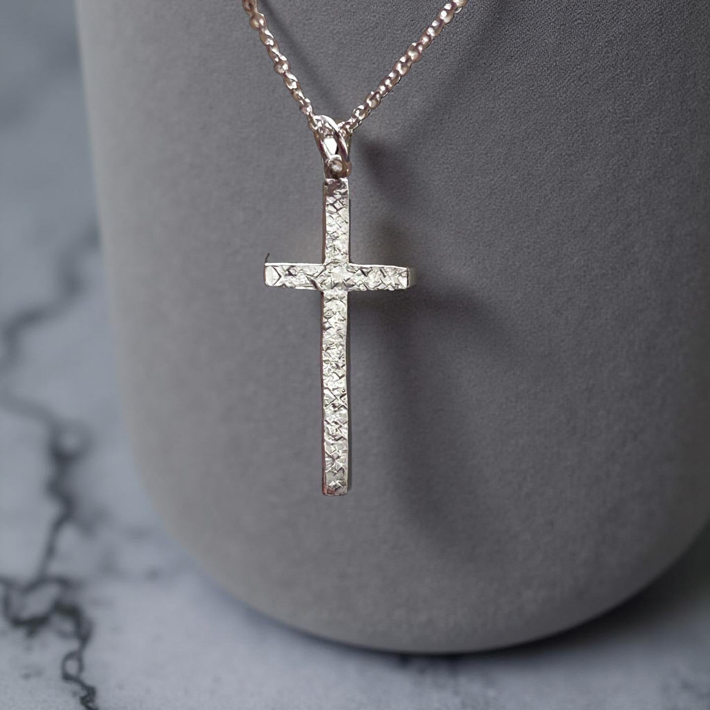 Sterling Silver Hammered Cross Pendant Necklace | Rustic Minimalist Christian Jewelry