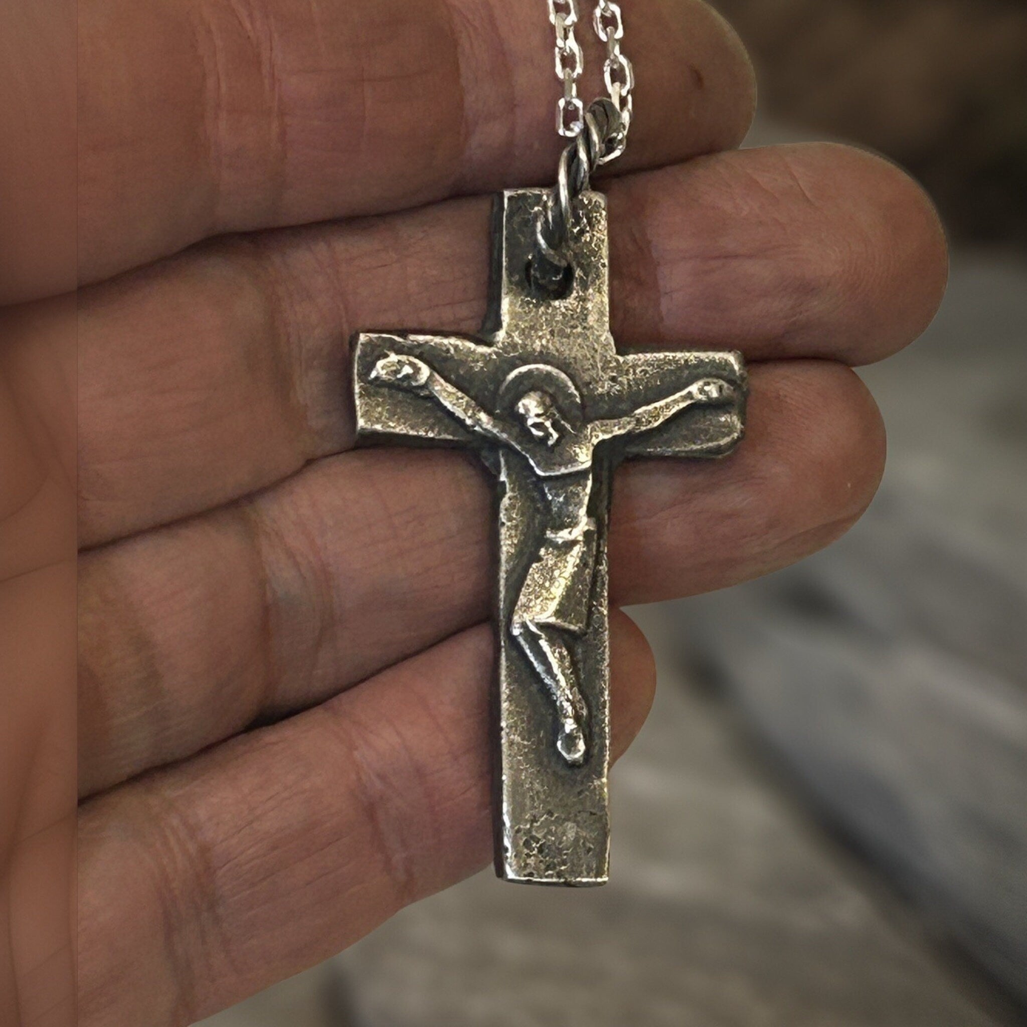 Sterling Silver Crucifix Necklace – Rustic Oxidized Cross Pendant for Men