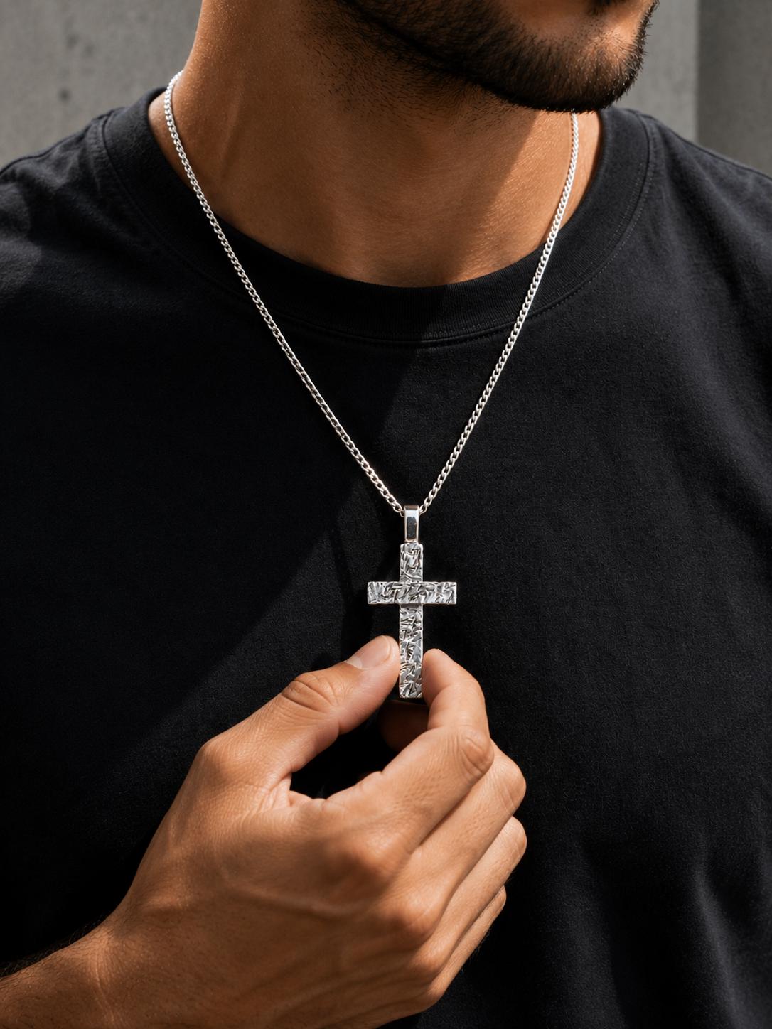 Silver Textured Cross Necklace, Artisan Christian Pendant