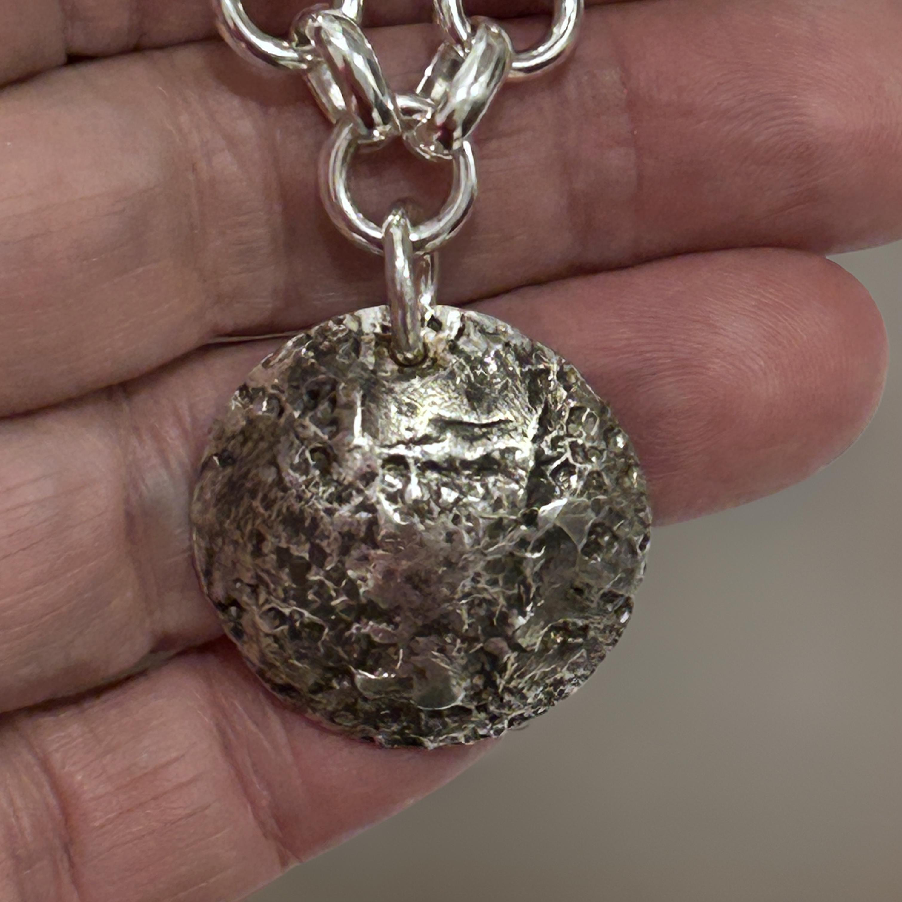 Handmade 925 Sterling Silver Necklace with Oxidized Textured Pendant - Lunar Crater Design