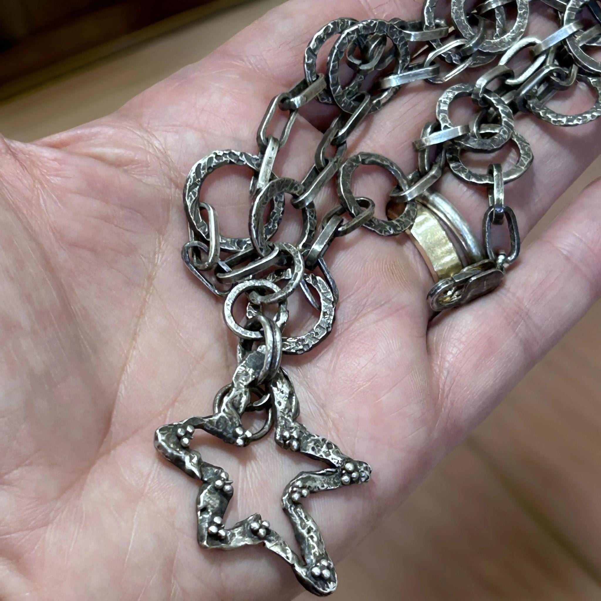 Artisan Star Necklace – Handmade 925 Sterling Pendant – Oxidized Statement Chain - Rustic silver chain