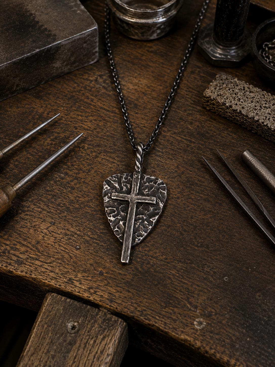 Sterling Silver Hammered Shield Cross Pendant, Oxidized Artisan Necklace for Men