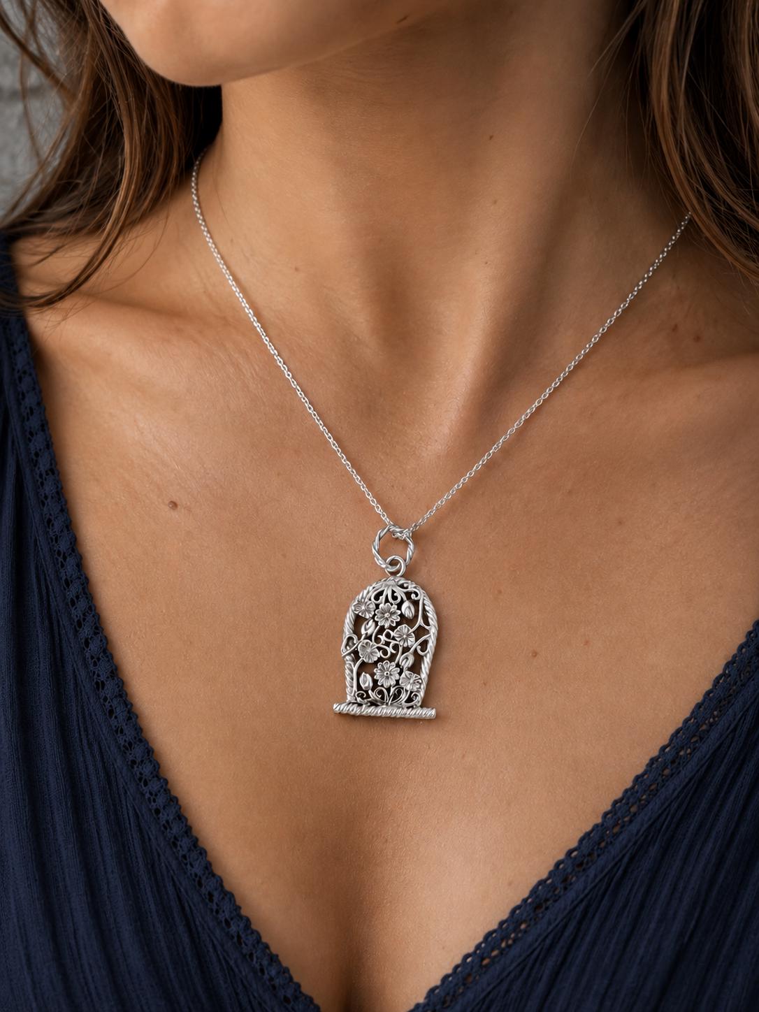 Sterling Silver Flower Basket Pendant Necklace • Floral Design • 20-inch Rolo Chain