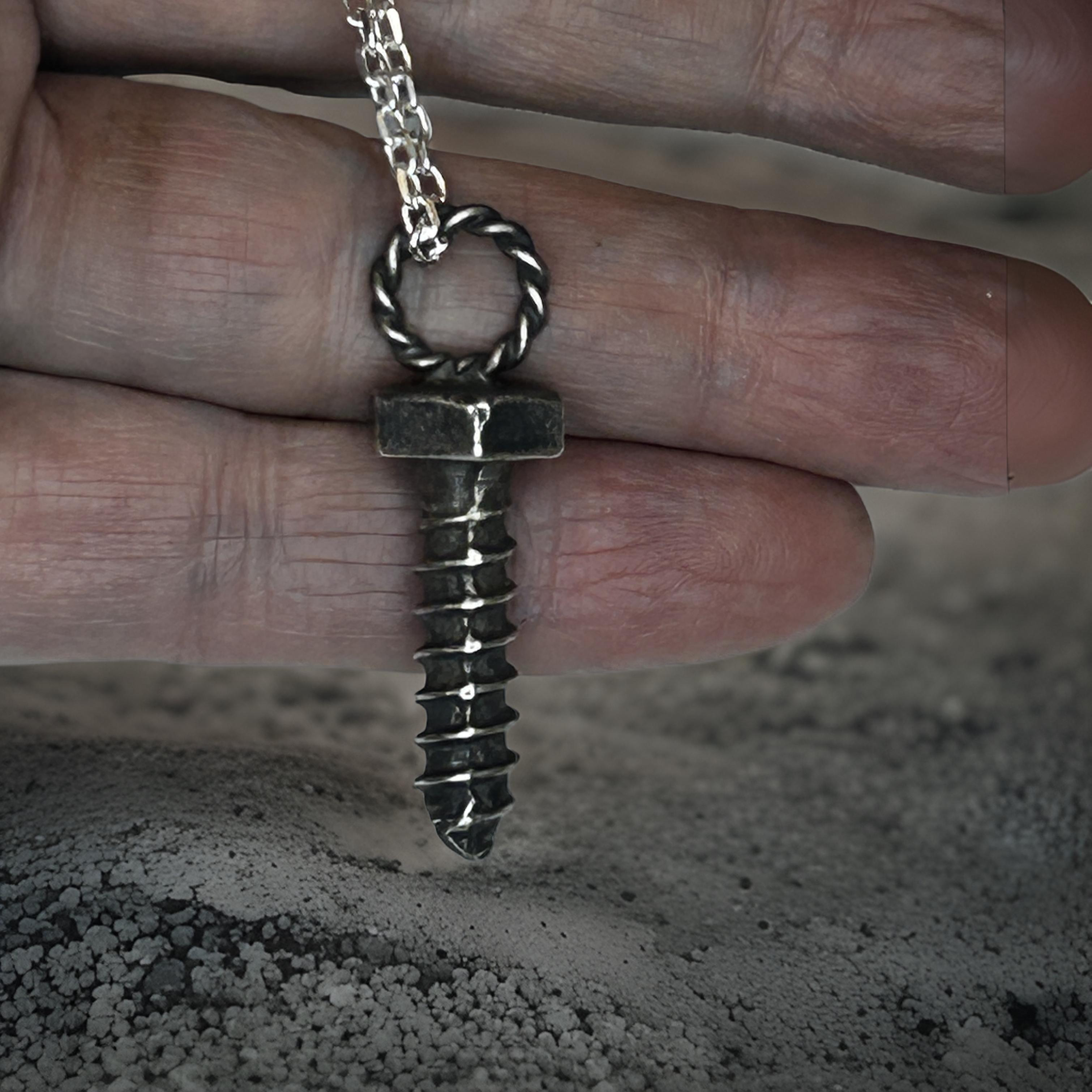 Sterling Silver Screw Pendant – Industrial Style Necklace for Men
