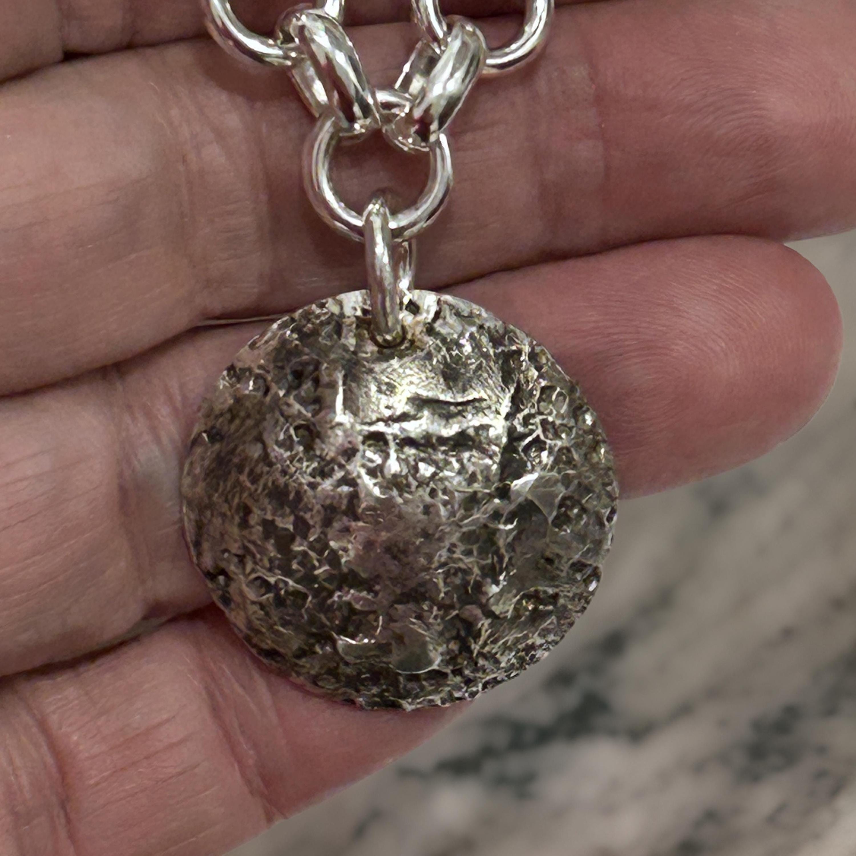 Handmade 925 Sterling Silver Moon Necklace with Oxidized Textured Pendant - Lunar Crater Design