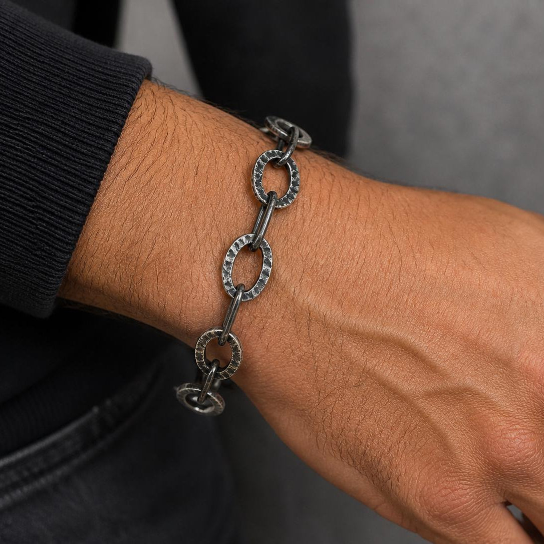 Oxidized silver chain bracelet by JJewelryArt featuring intricate links and a polished finish, displayed on a neutral background.