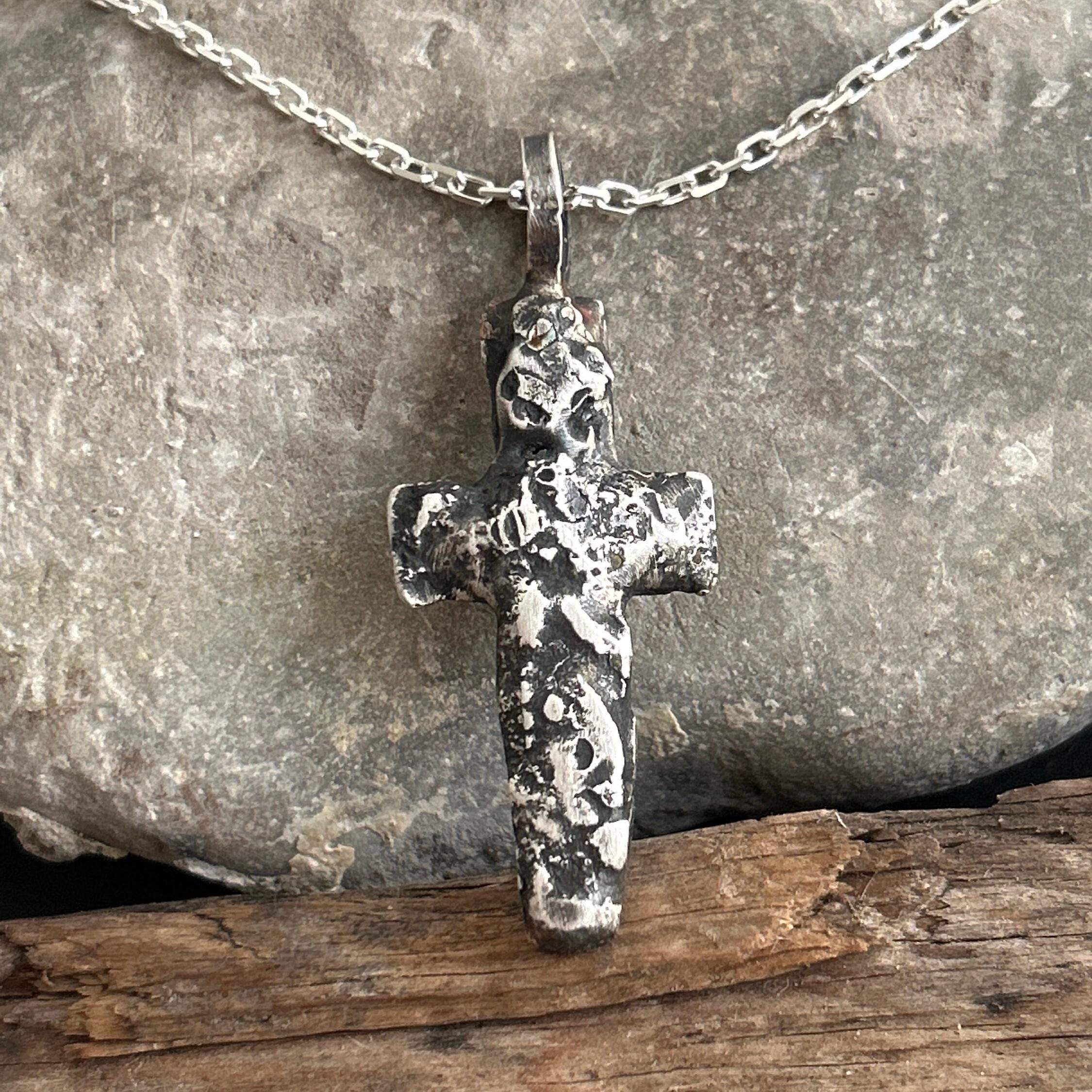 Fine Silver Cross Pendant | Rustic Oxidized Artisan Necklace, 5mm Thick