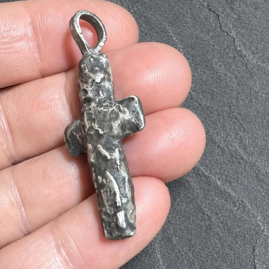 Fine Silver Cross Pendant | Rustic Oxidized Artisan Necklace, 5mm Thick