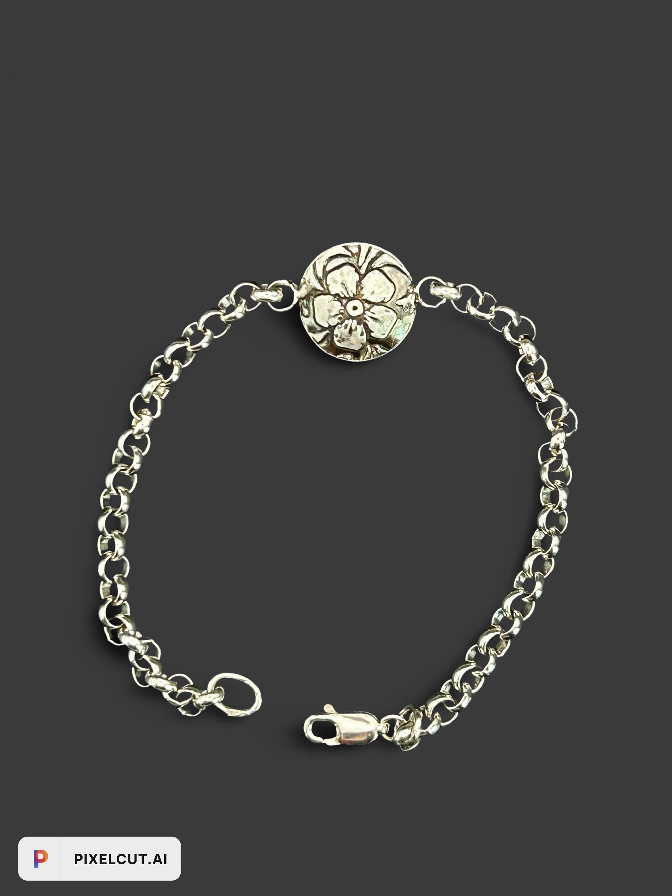 Sterling Silver Flower Charm Bracelet | Oxidized 925 Rolo Chain Jewelry