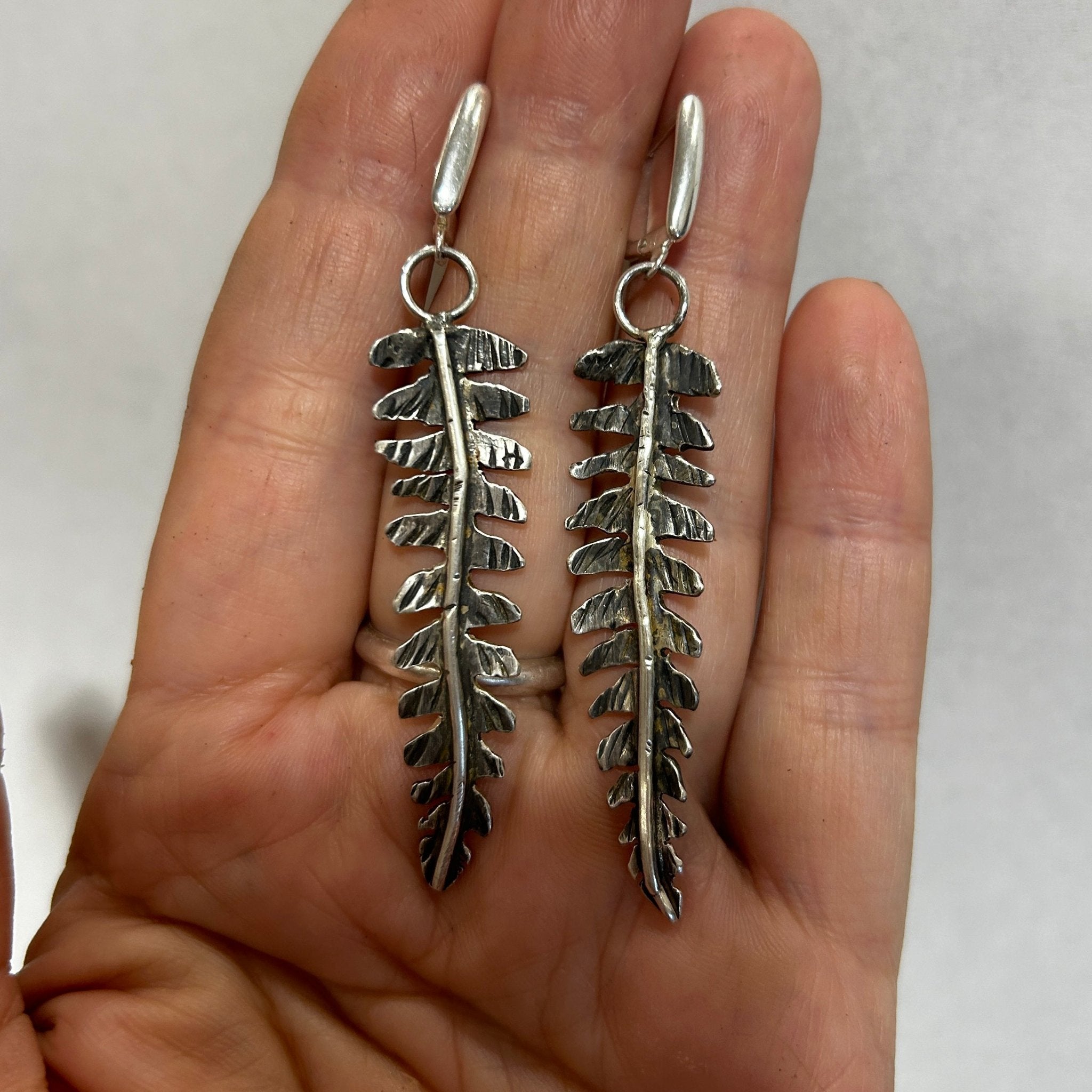 Rustic sterling silver fern long dangling earrings