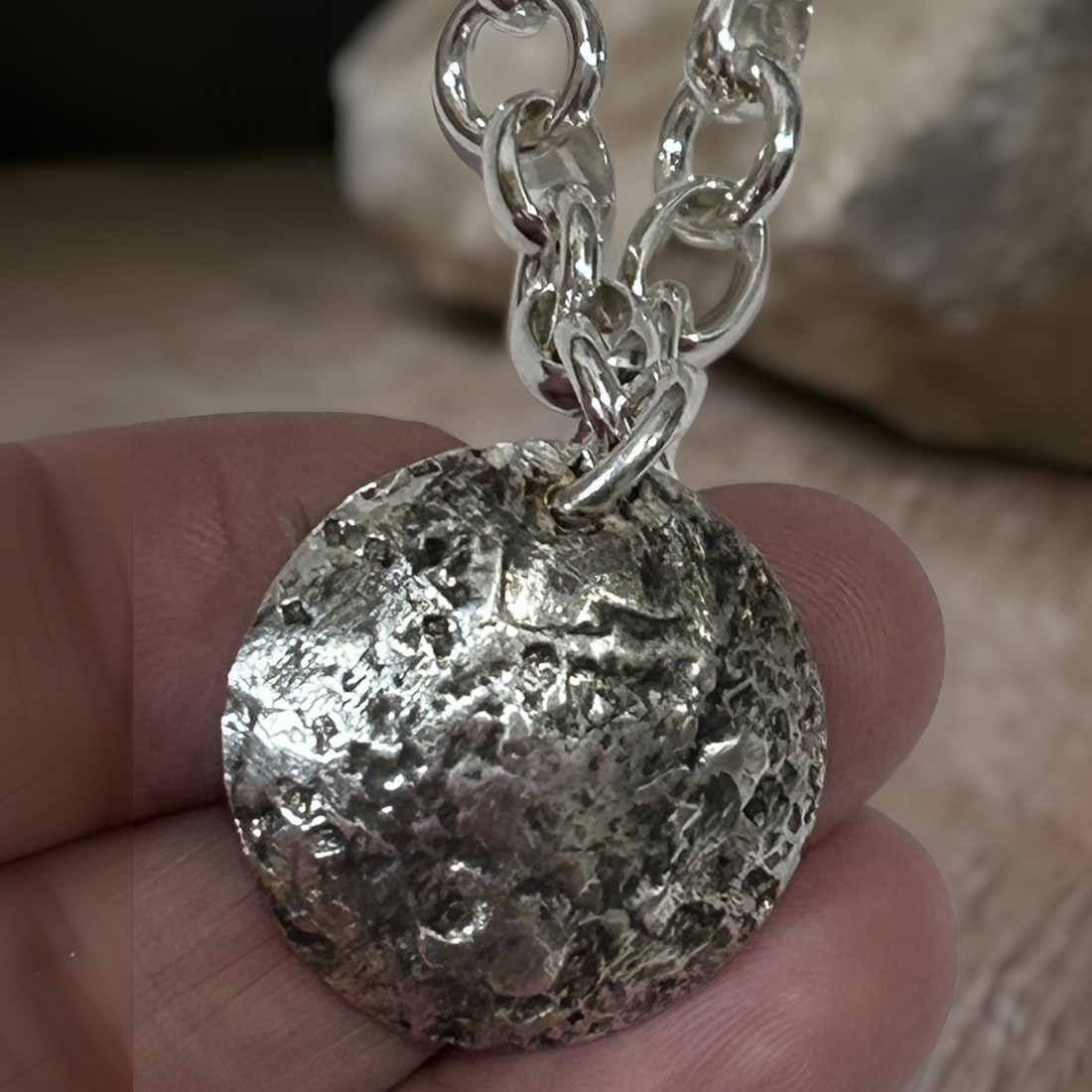 Handmade 925 Sterling Silver Necklace with Oxidized Textured Pendant - Lunar Crater Design