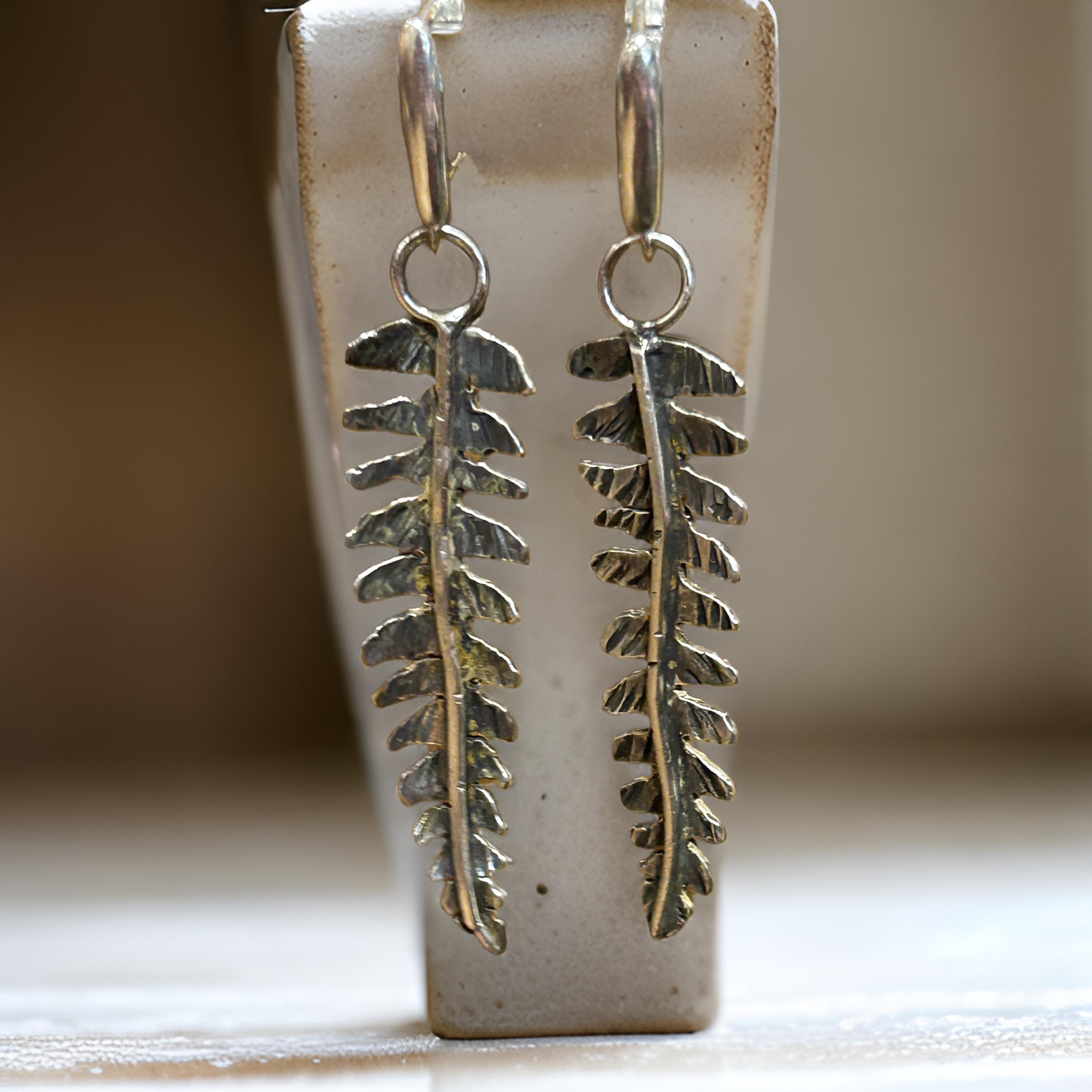 Rustic sterling silver fern long dangling earrings
