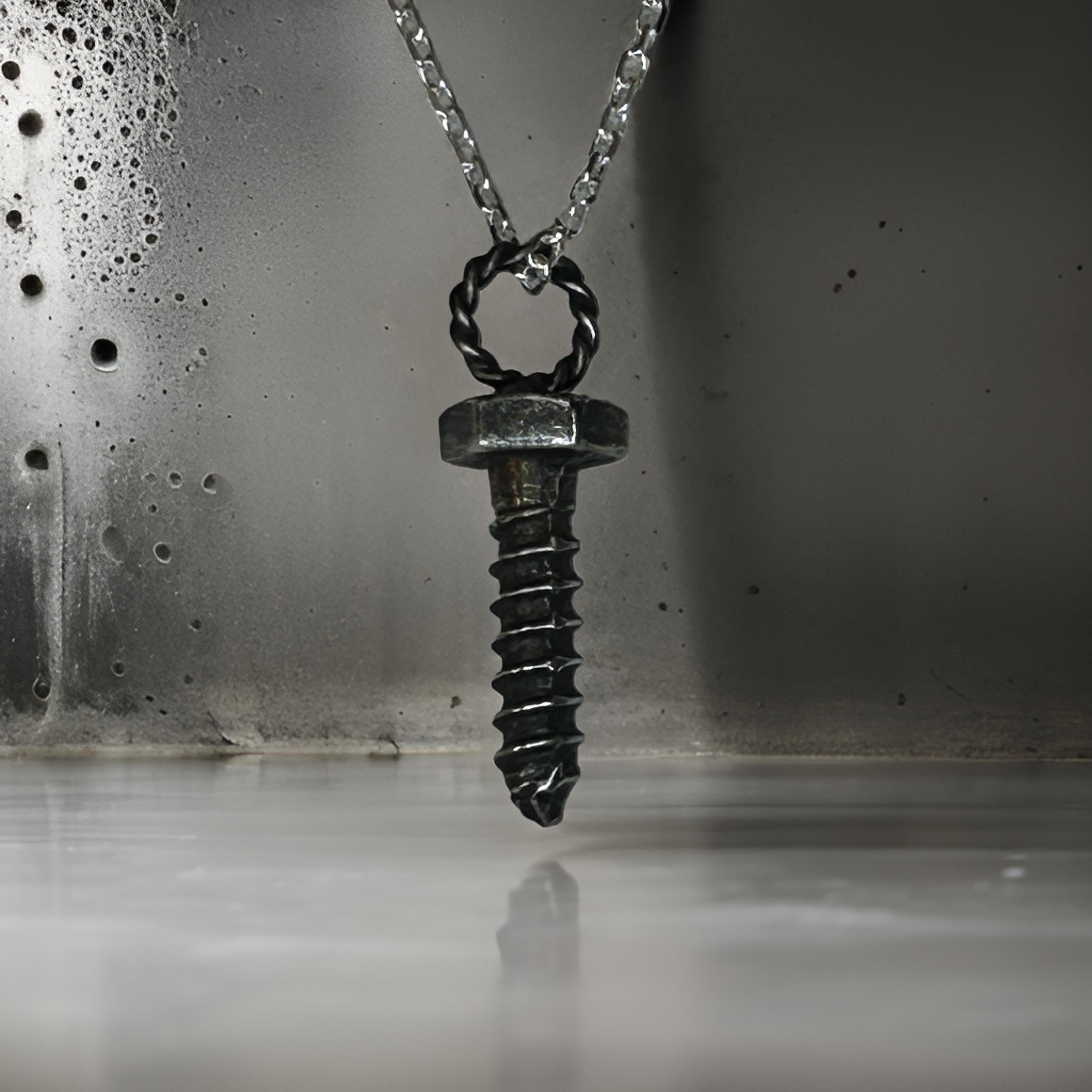 Sterling Silver Screw Pendant – Industrial Style Necklace for Men