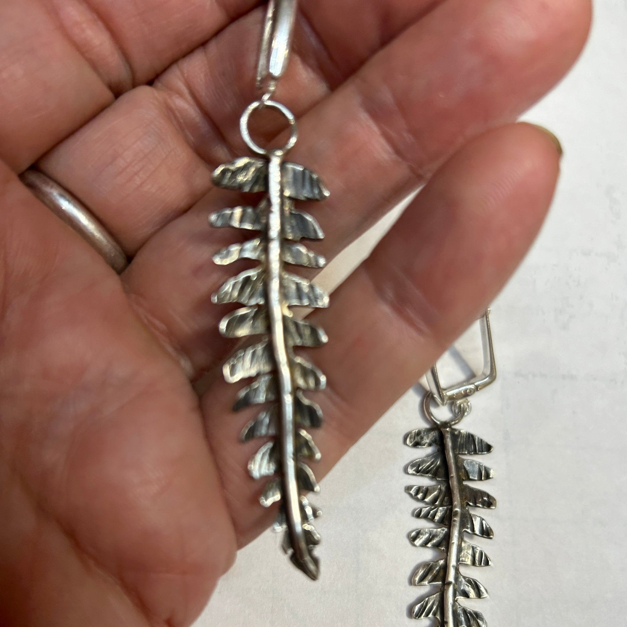 Rustic sterling silver fern long dangling earrings