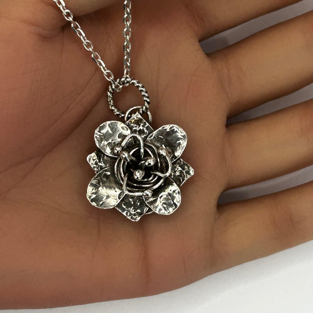 Artisan Flower Necklace - Silver Flower Necklace | JJewelryArt