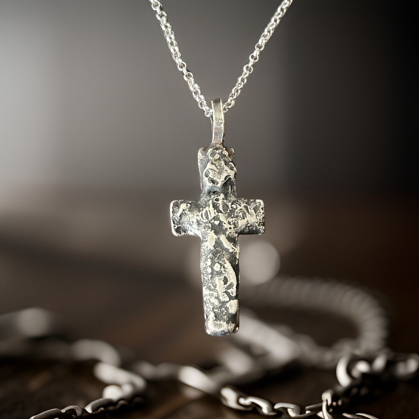 Fine Silver Cross Pendant | Rustic Oxidized Artisan Necklace, 5mm Thick