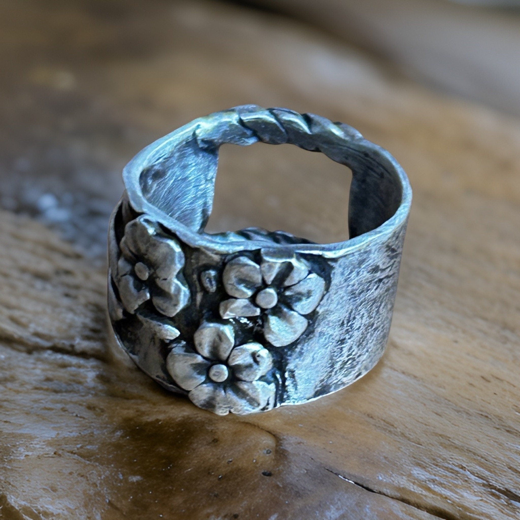 Handcrafted Floral Silver Ring - Oxidized Sterling Silver Unique Band Ring