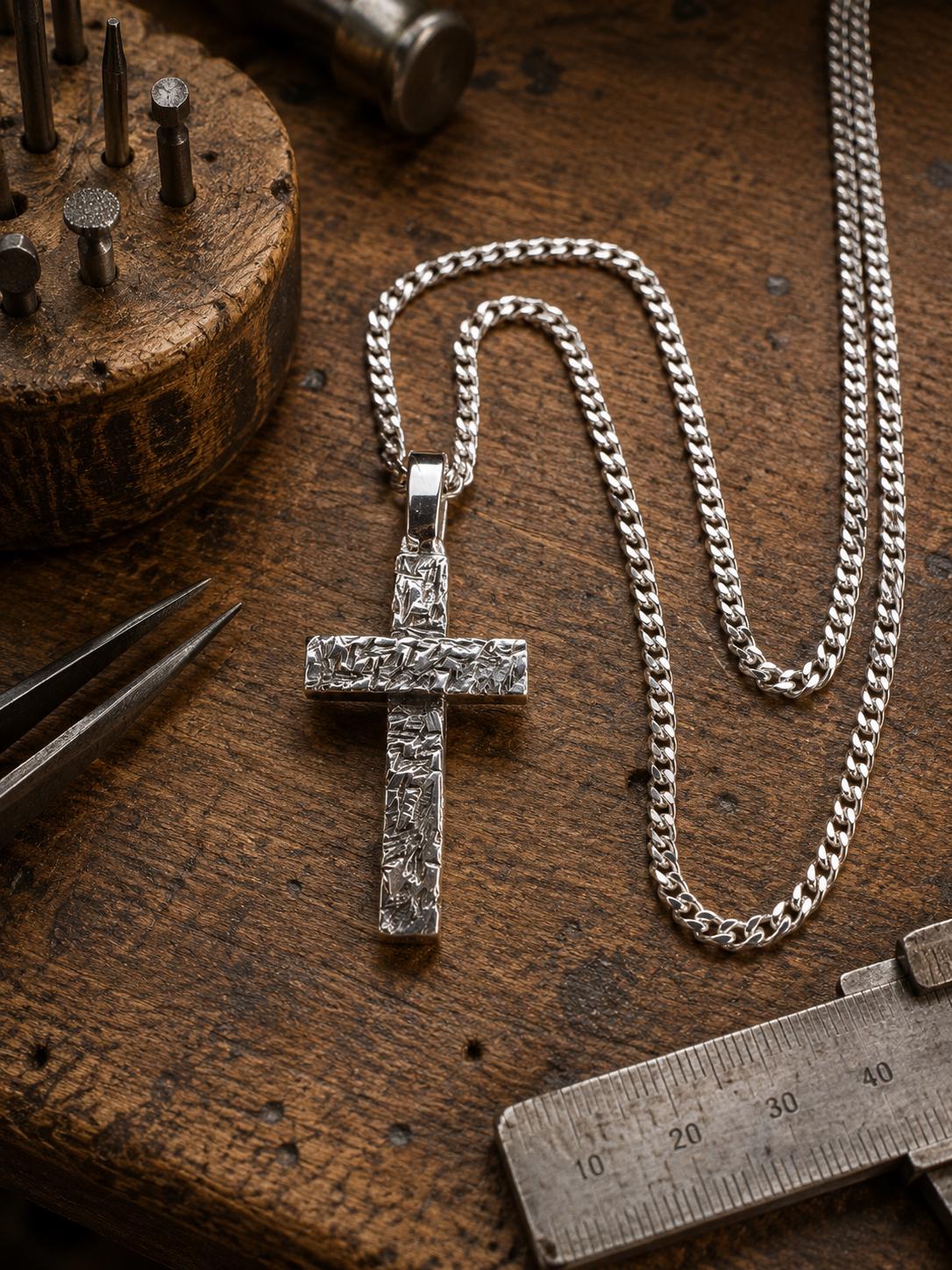 Silver Textured Cross Necklace, Artisan Christian Pendant