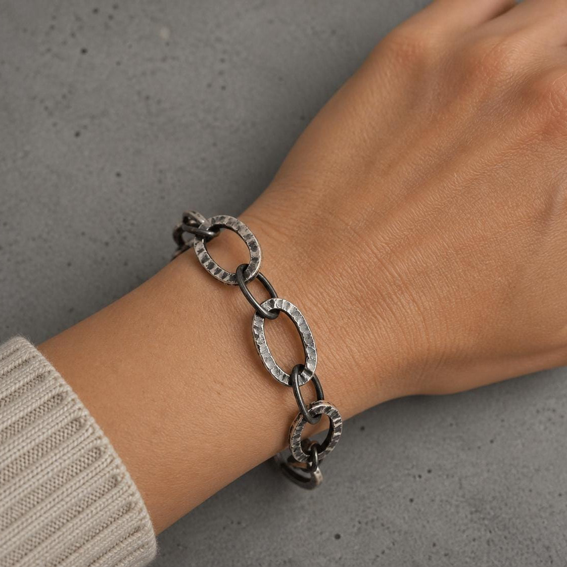 Silver oxidized chain bracelet by JJewelrArt featuring a sleek, textured design with a secure clasp.
