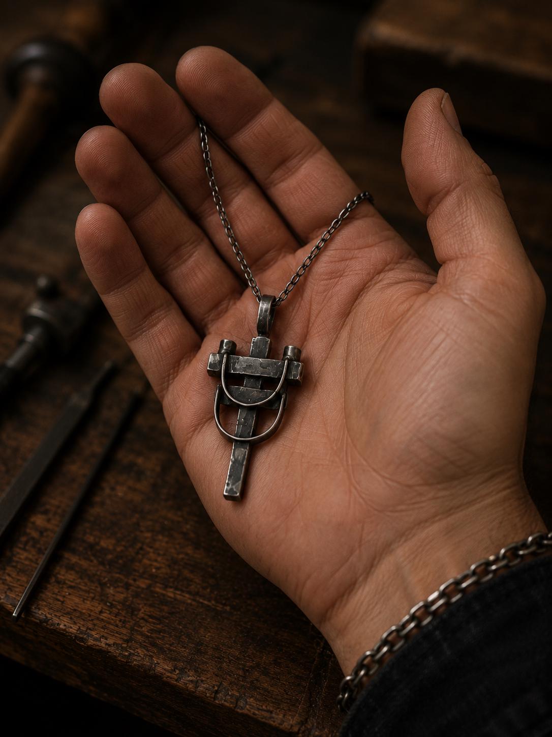 Sterling Silver Power Line Post Pendant Necklace for Men, Rustic Oxidized UJewelry