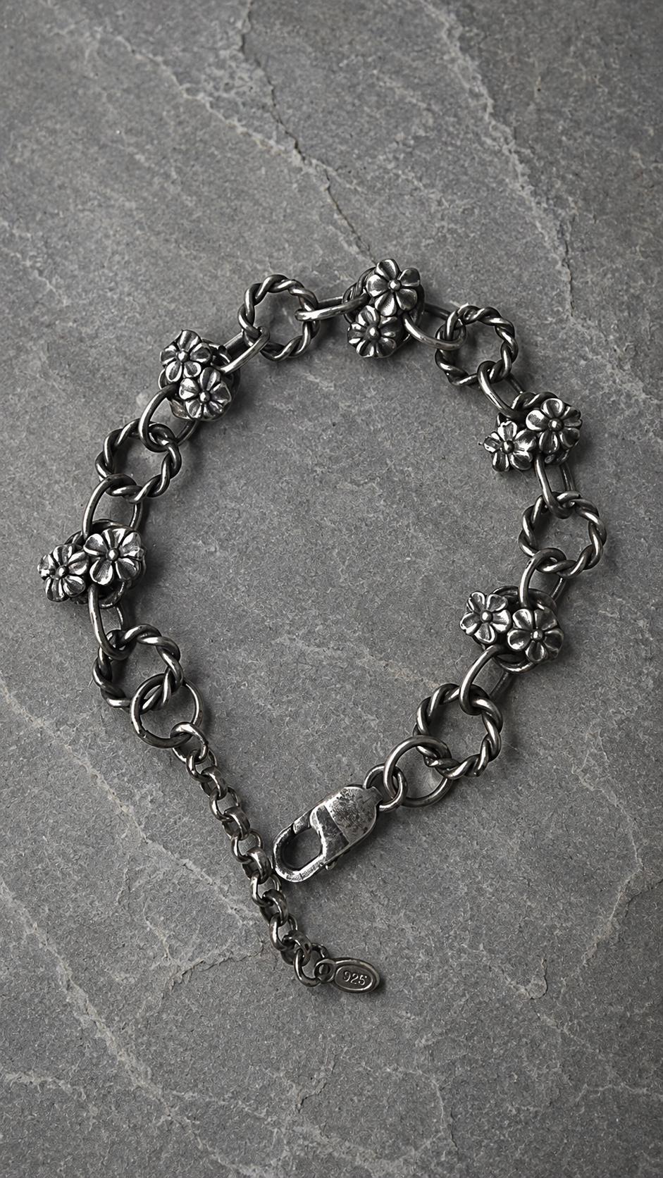 Sterling Silver Flower Bracelet - Oxidized Floral Link