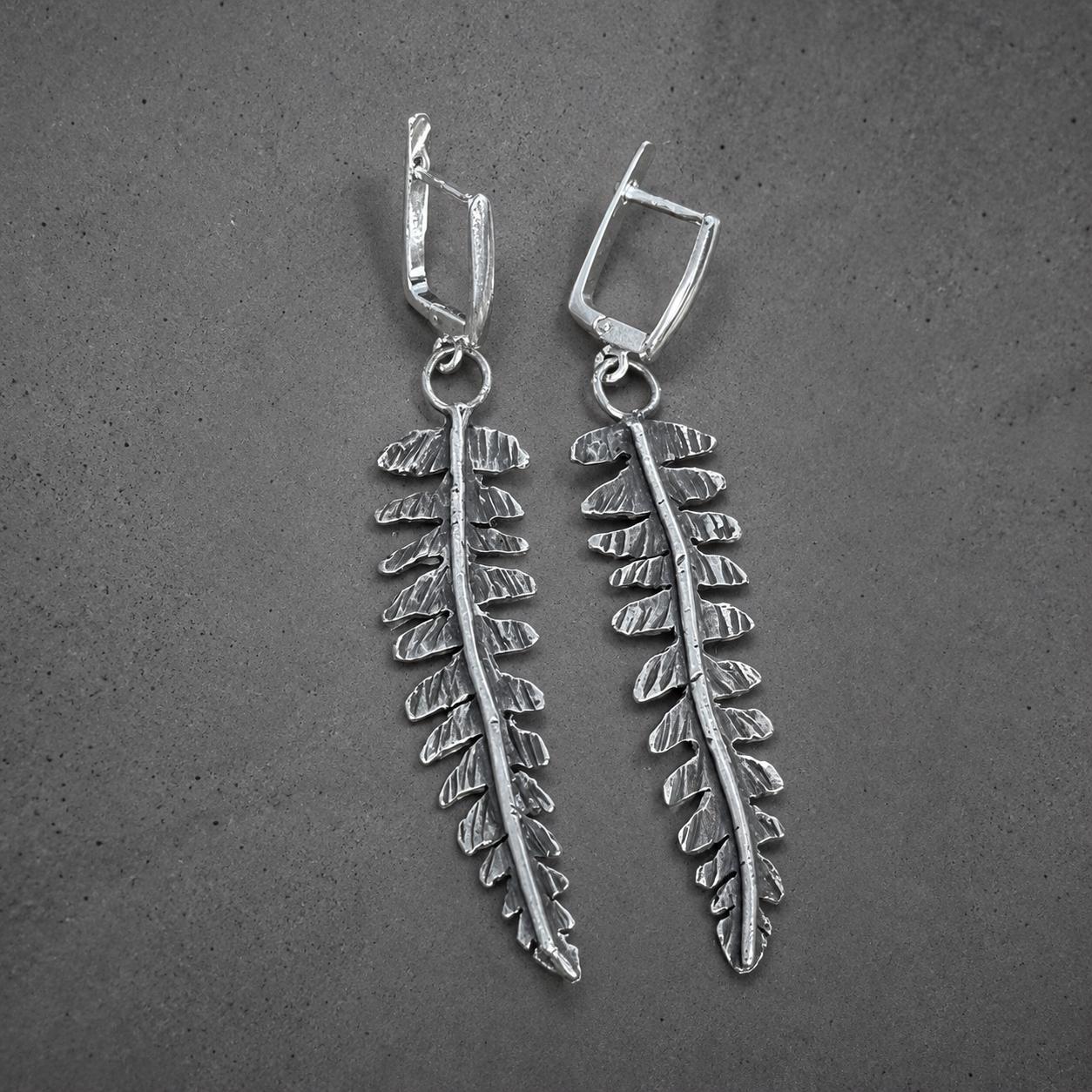 Sterling Silver Leaf Earrings | Long Botanical Dangle Jewelry, Rustic Texture