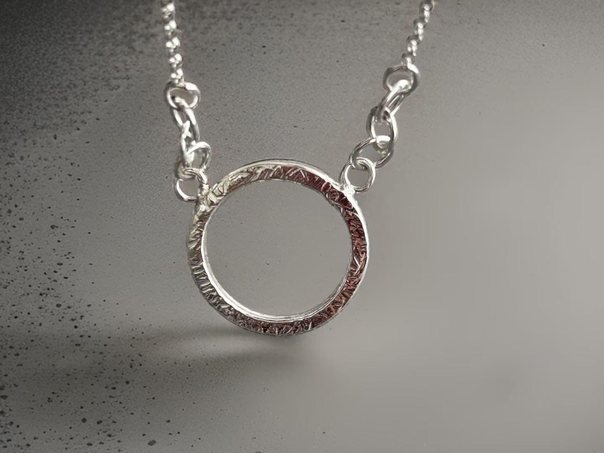 925 Sterling Silver • Circle Pendant Necklace • Minimalist Textured Design • Adjustable Chain • Handmade Chain