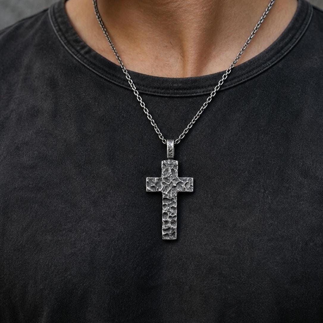 Handmade Sterling Silver Cross Pendant – Textured Oxidized Artisan Necklace