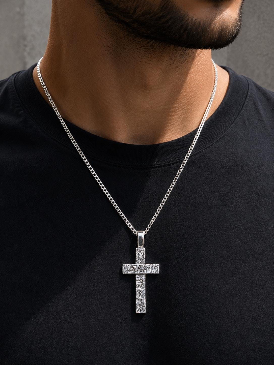 Silver Textured Cross Necklace, Artisan Christian Pendant