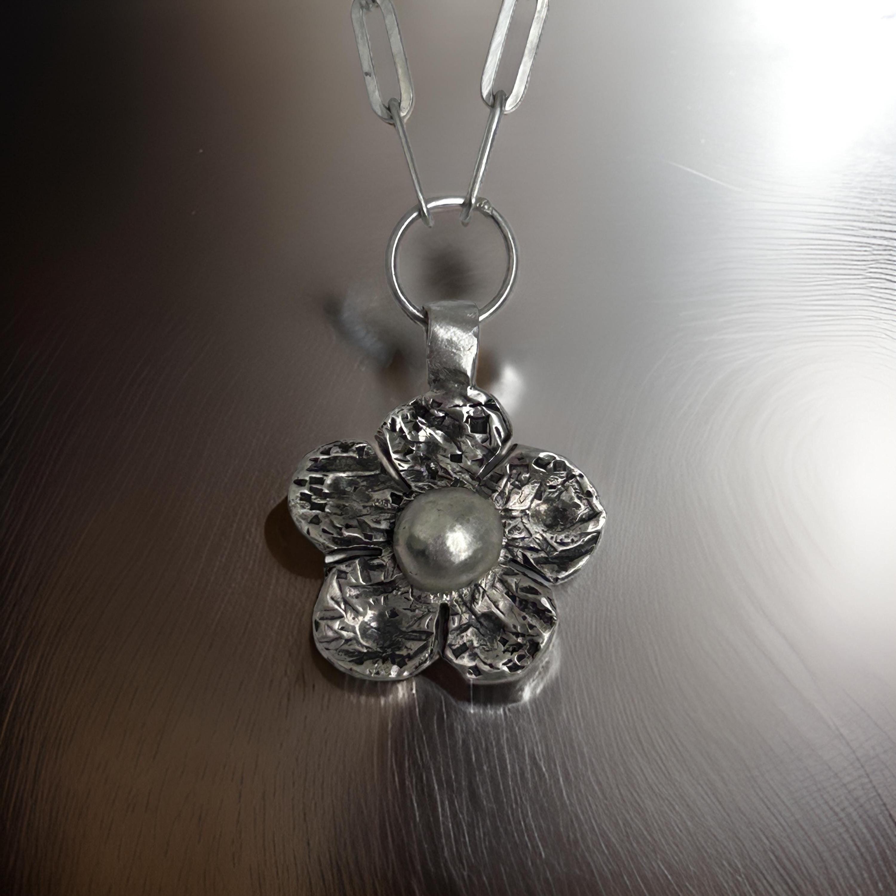 Sterling Silver Flower Pendant Necklace, Handmade Silver Artisan Jewelry