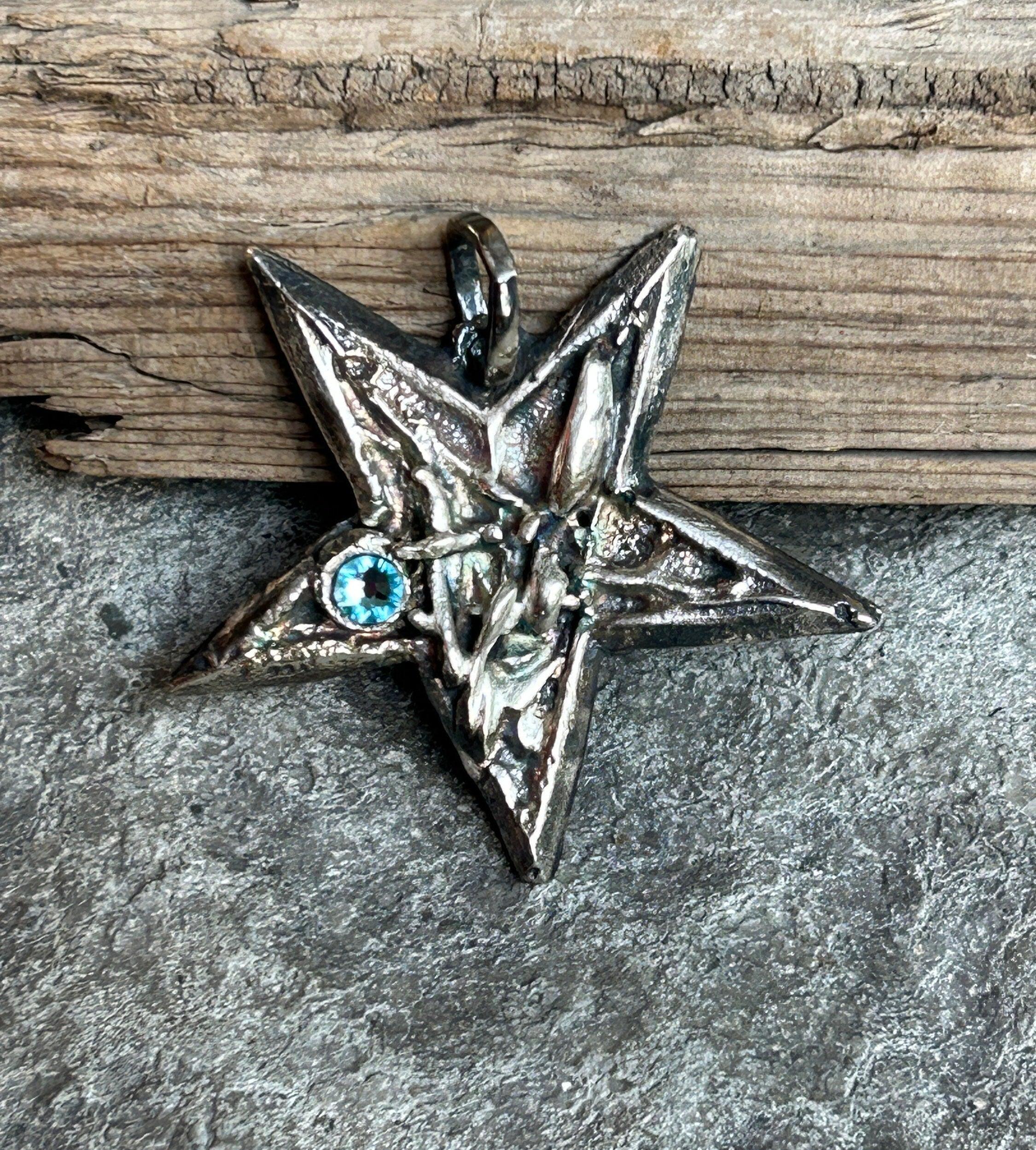 Rare Find! Handmade Silver Star Pendant with Blue Crystal - Oxidized S…