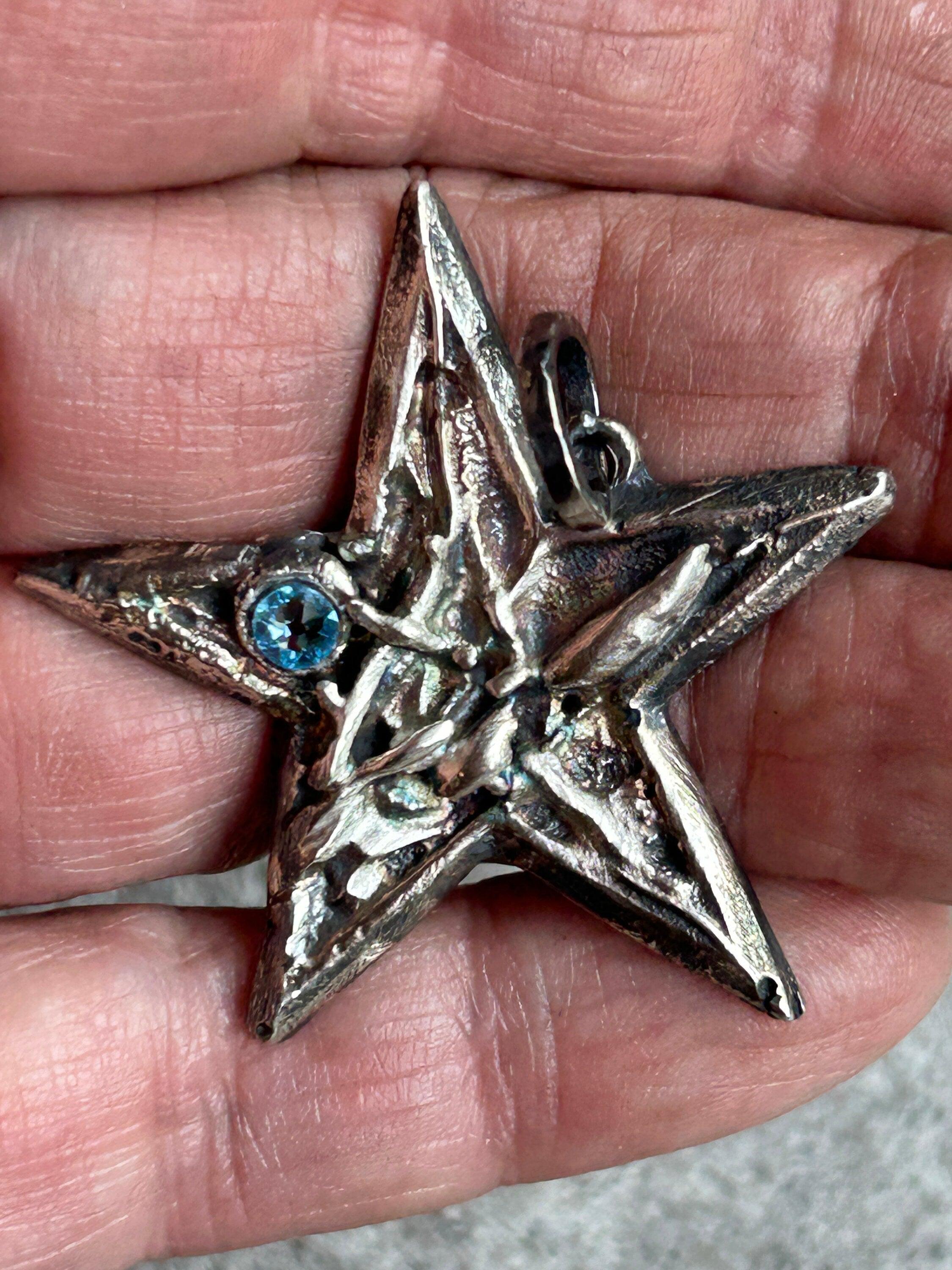 Rare Find! Handmade Silver Star Pendant with Blue Crystal - Oxidized S…