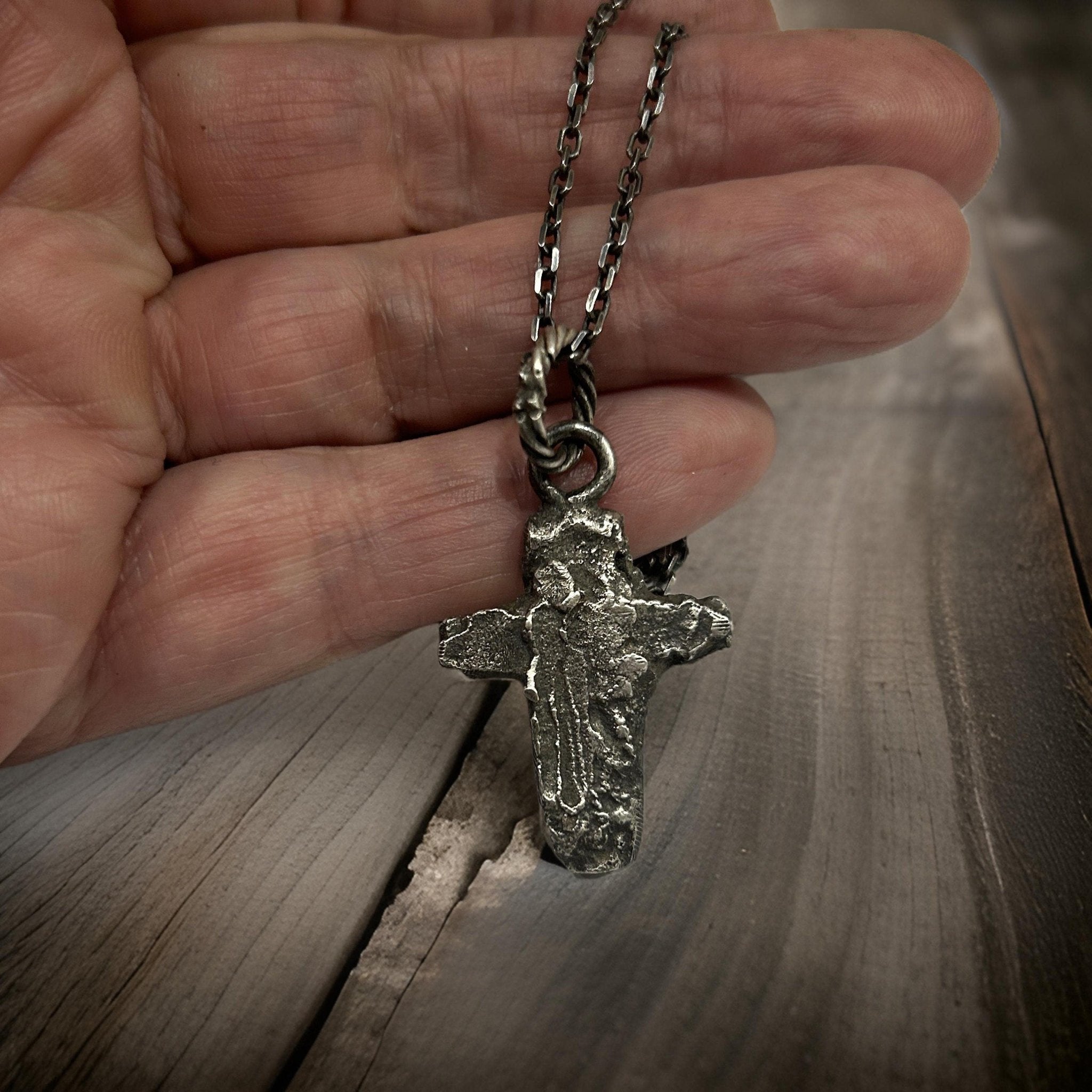 Sterling Silver Cross Pendant - Rustic Textured Design Oxidized Finish