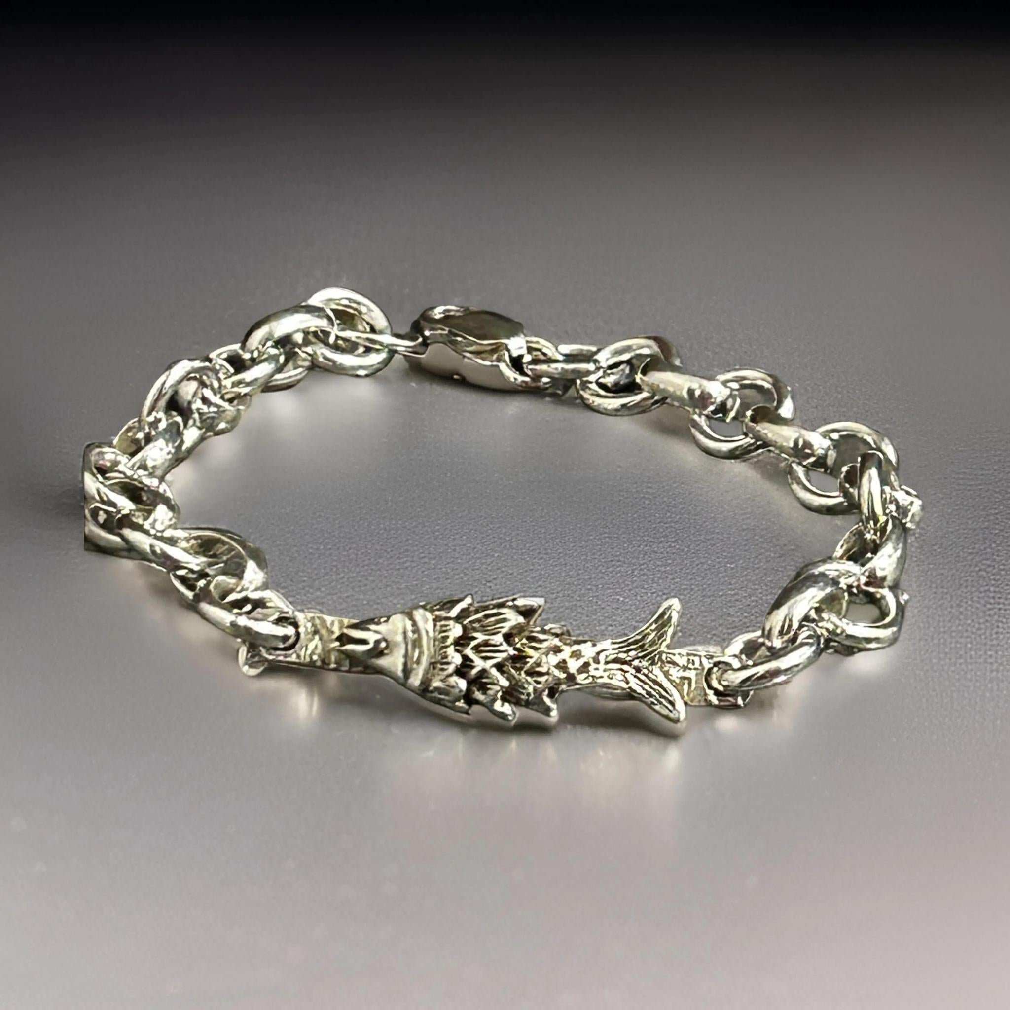 Handmade Sterling Silver Fish Bracelet - Unique 8” Lightweight Chain Jewelry