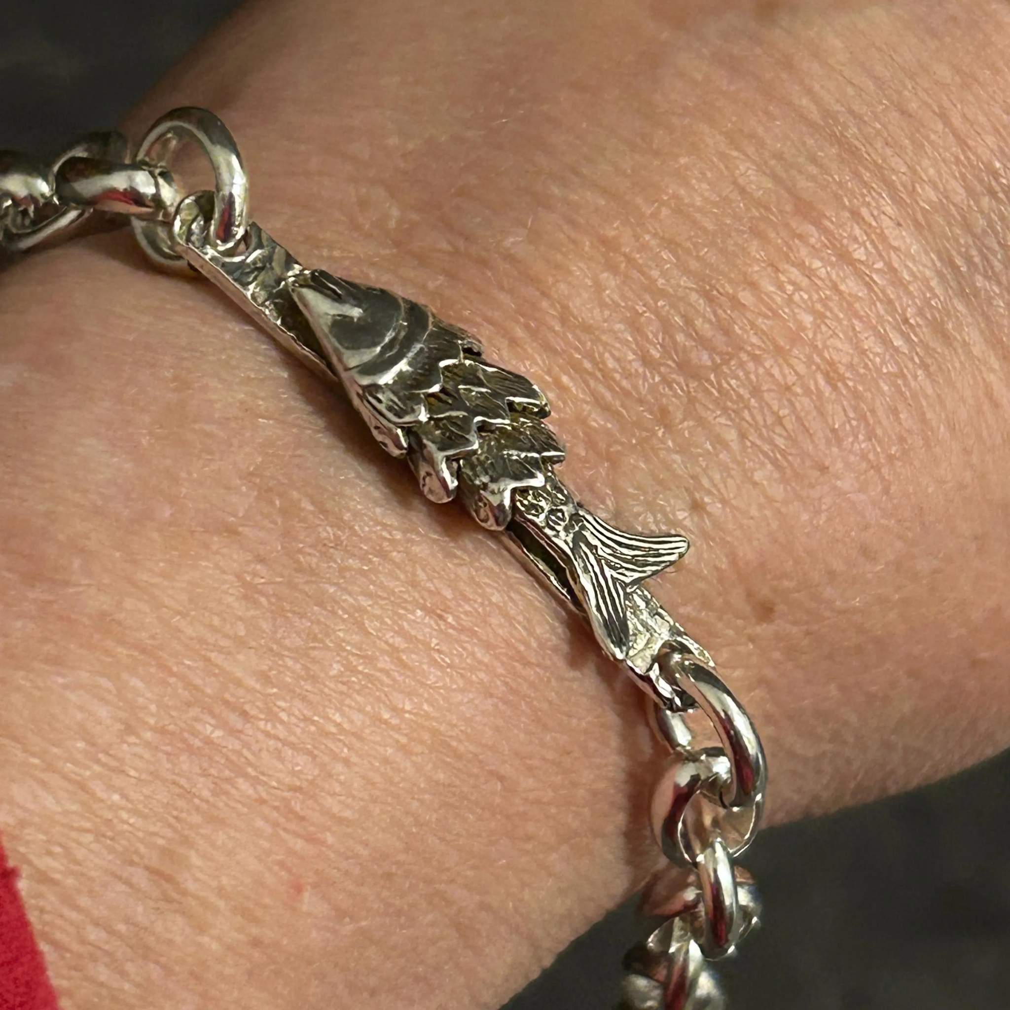 Handmade Sterling Silver Fish Bracelet - Unique 8” Lightweight Chain Jewelry