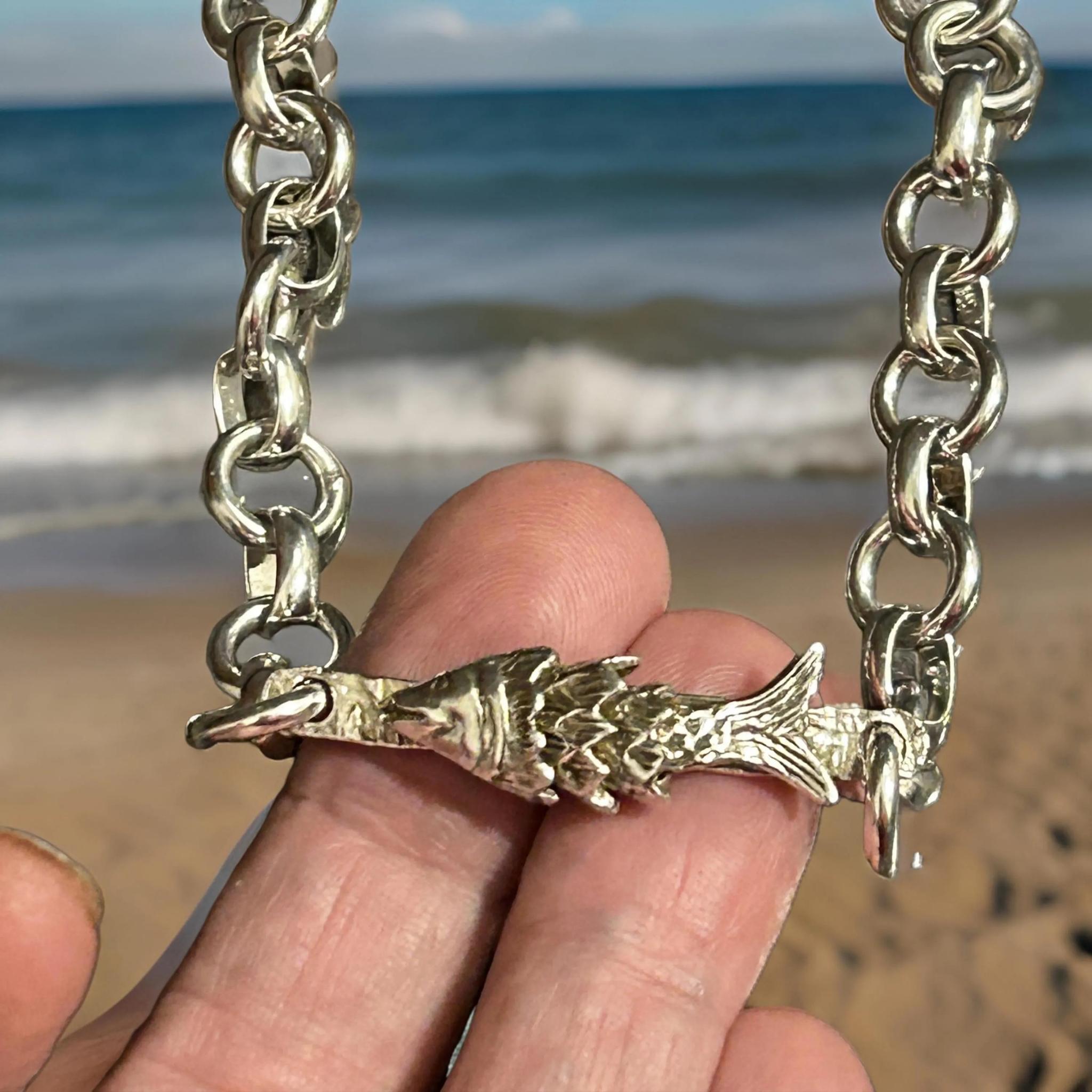 Handmade Sterling Silver Fish Bracelet - Unique 8” Lightweight Chain Jewelry