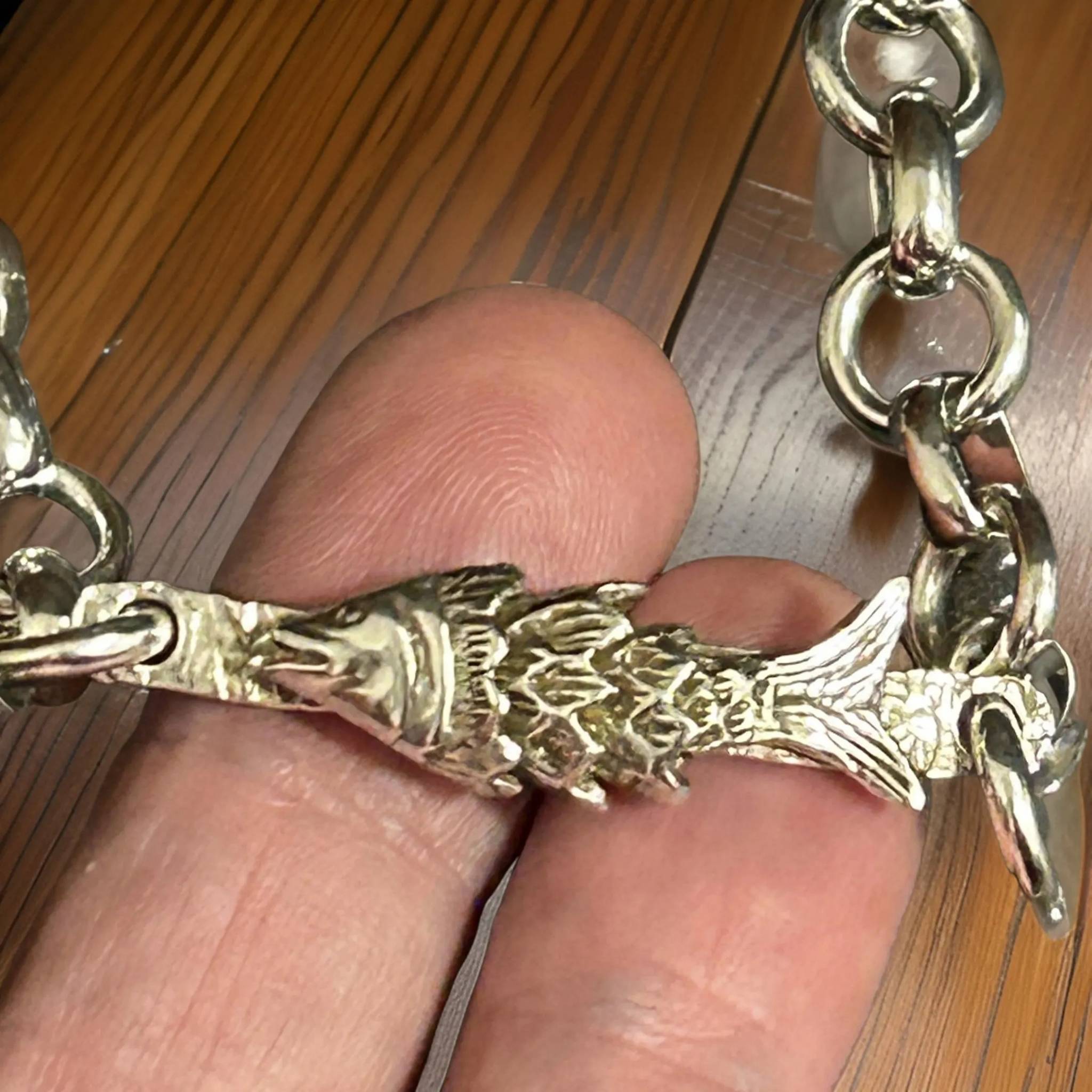 Handmade Sterling Silver Fish Bracelet - Unique 8” Lightweight Chain Jewelry